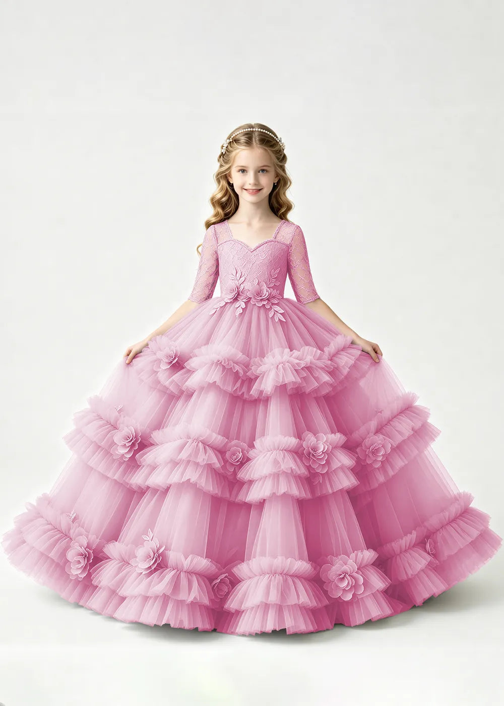 Layered Floral Tulle Ball Gown Dress for Girls