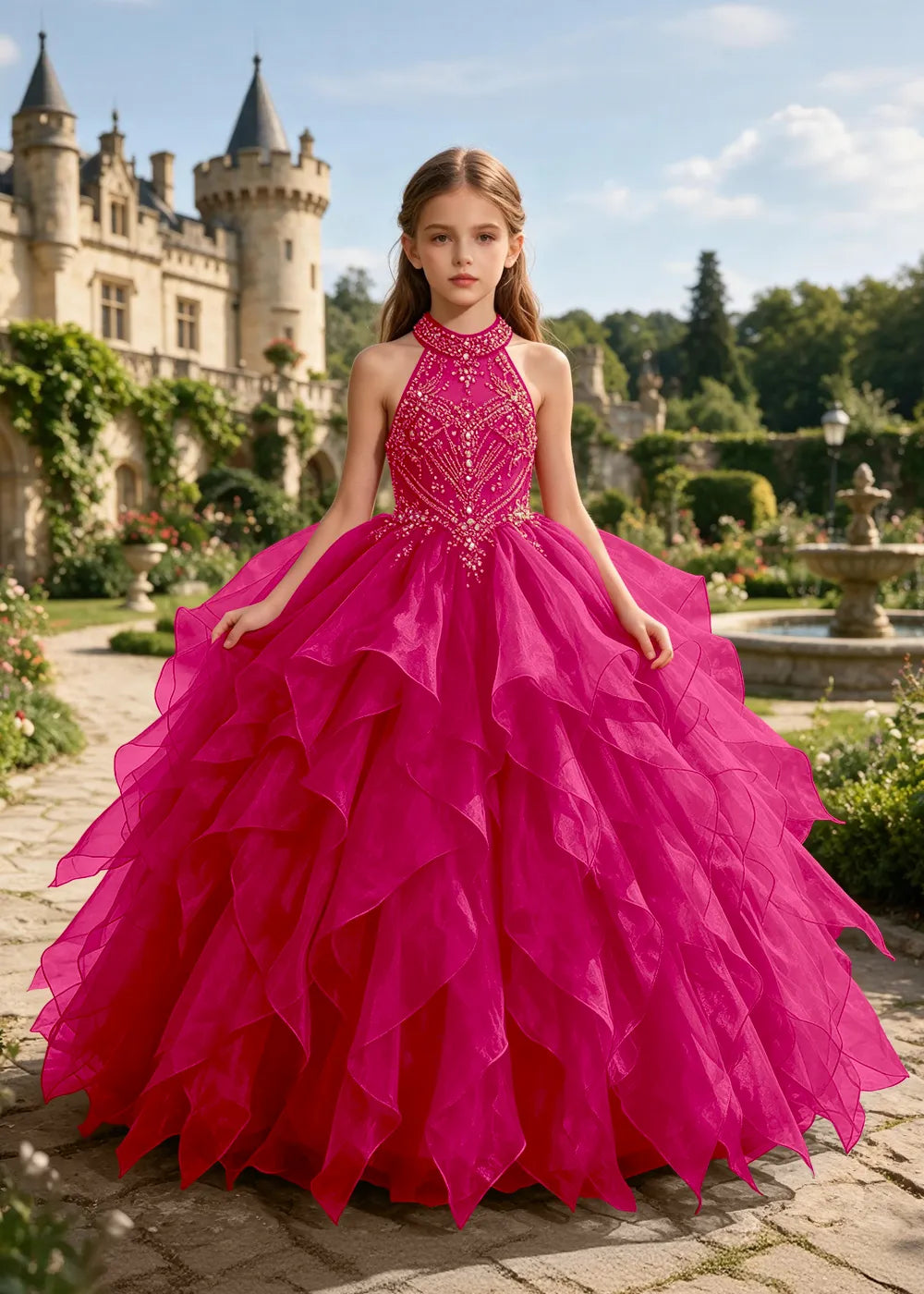 Embellished Halter Pageant Ball Gown for Girls
