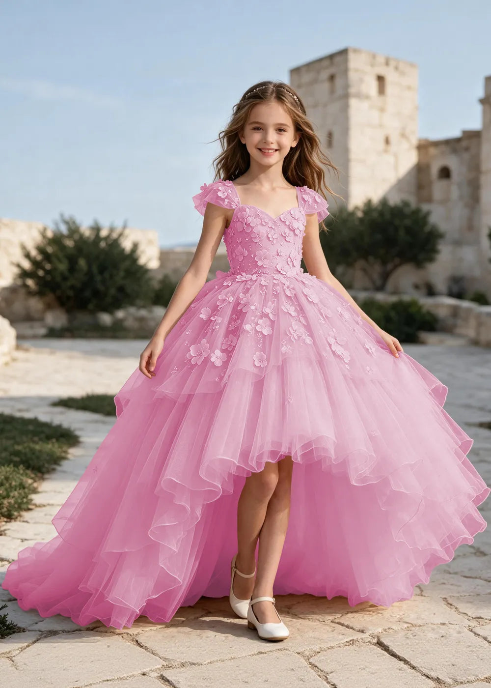 Floral Tulle Ball Gown Dress with Long Train for Girls