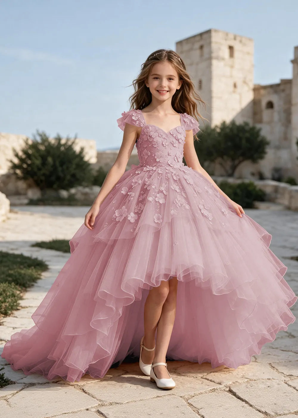 Floral Tulle Ball Gown Dress with Long Train for Girls