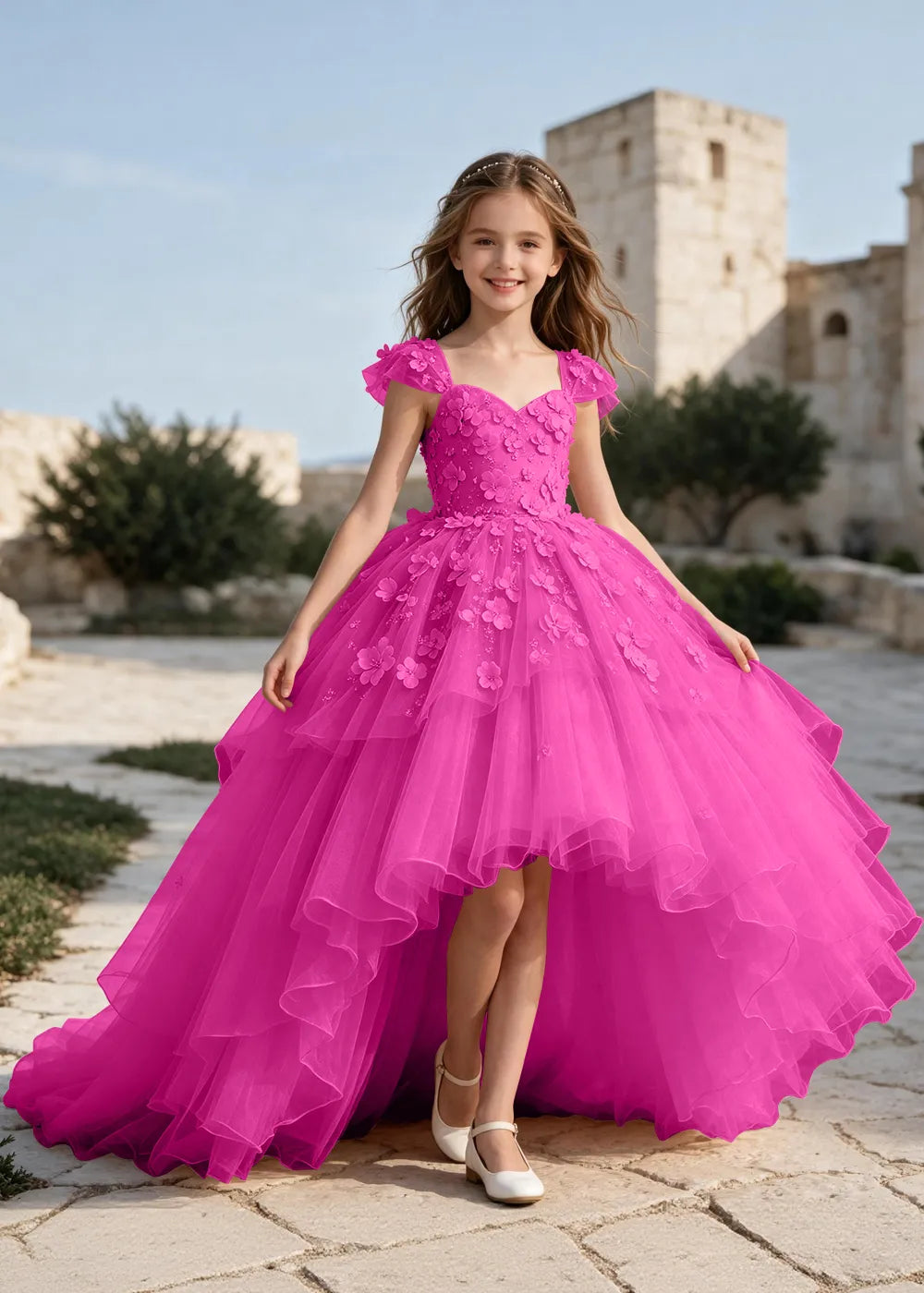 Floral Tulle Ball Gown Dress with Long Train for Girls
