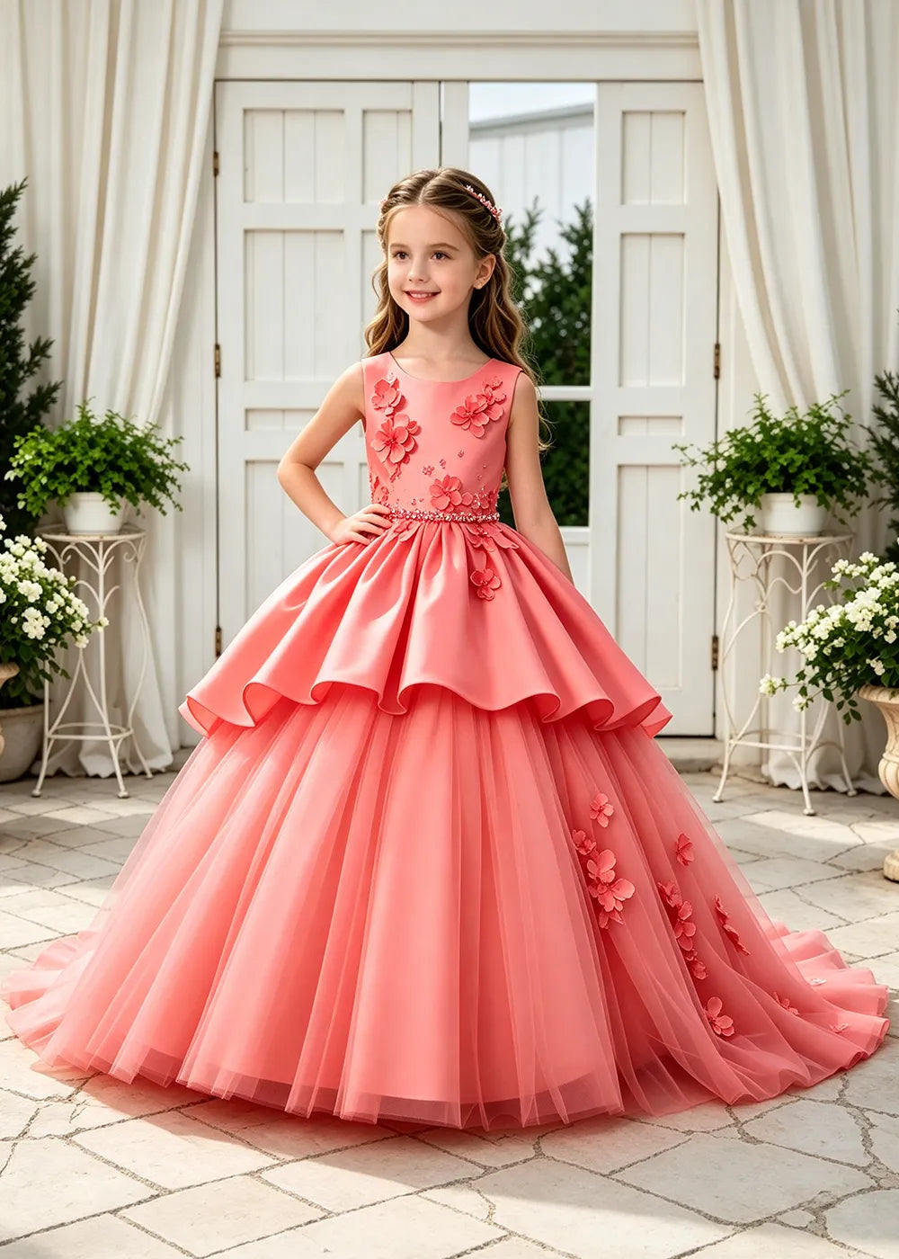 Floral Appliqué Tulle Ball Gown Dress for Girls