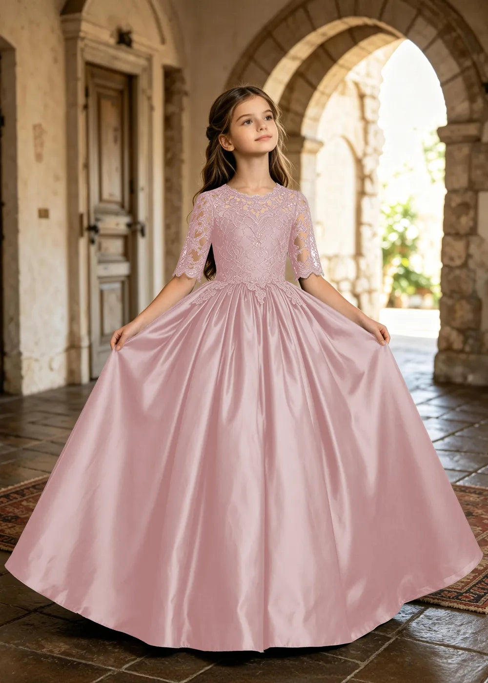 Floral Lace Satin Ball Gown for Girls