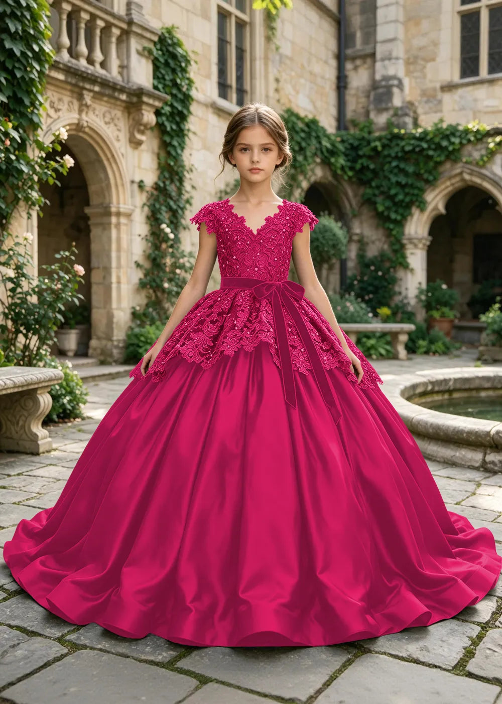 Floral Lace Satin Ball Gown for Girls