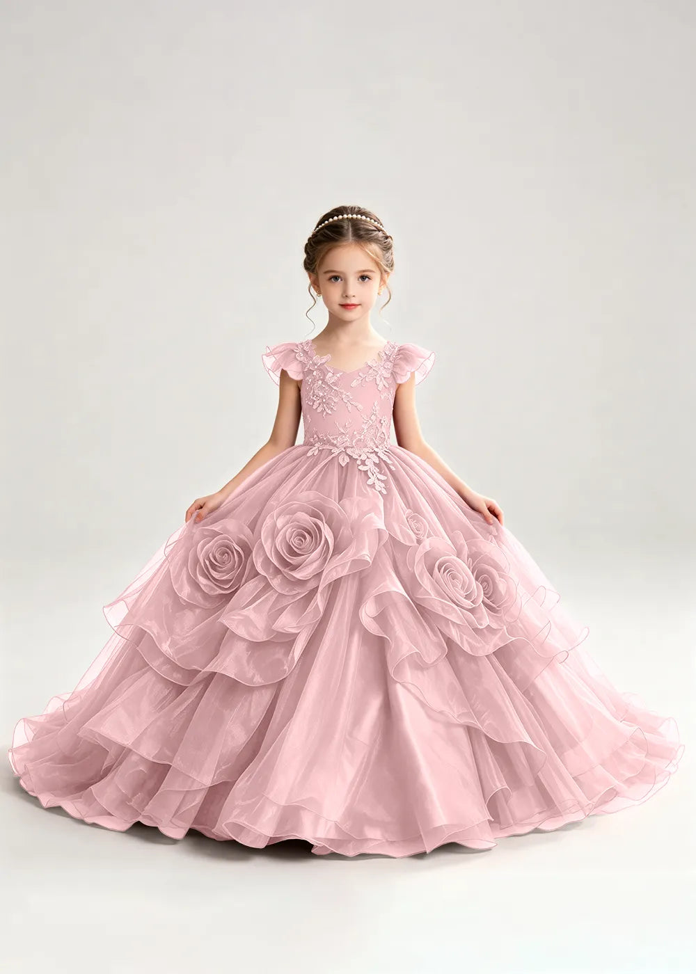 3D Rose Floral Pageant Ball Gown for Girls