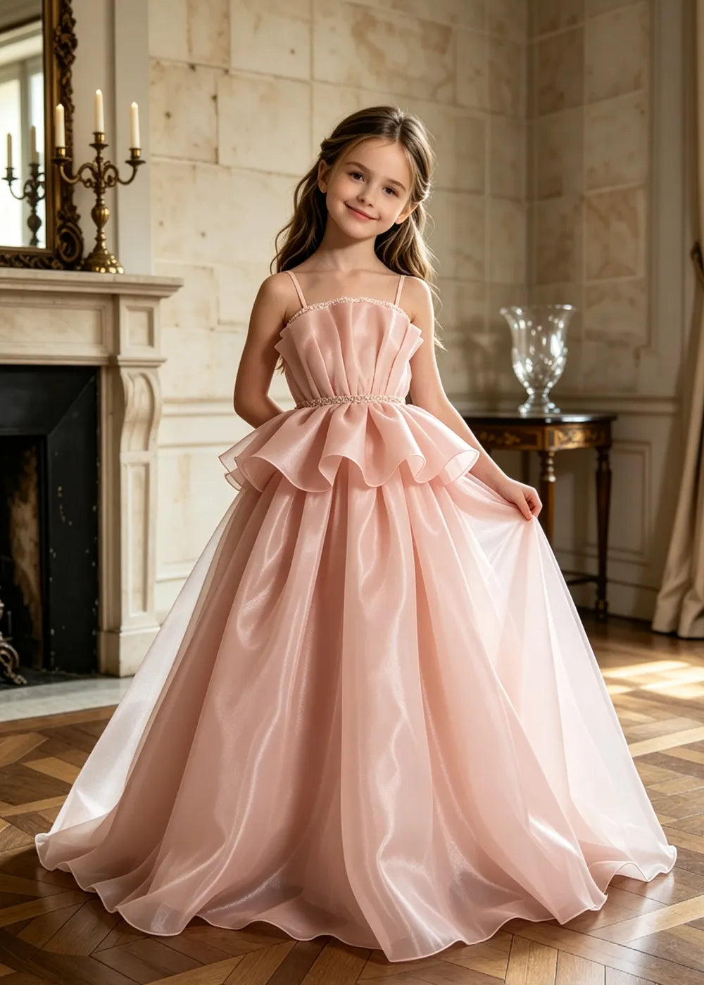 Pearl Waist Draped Flower Girl Ball Gown
