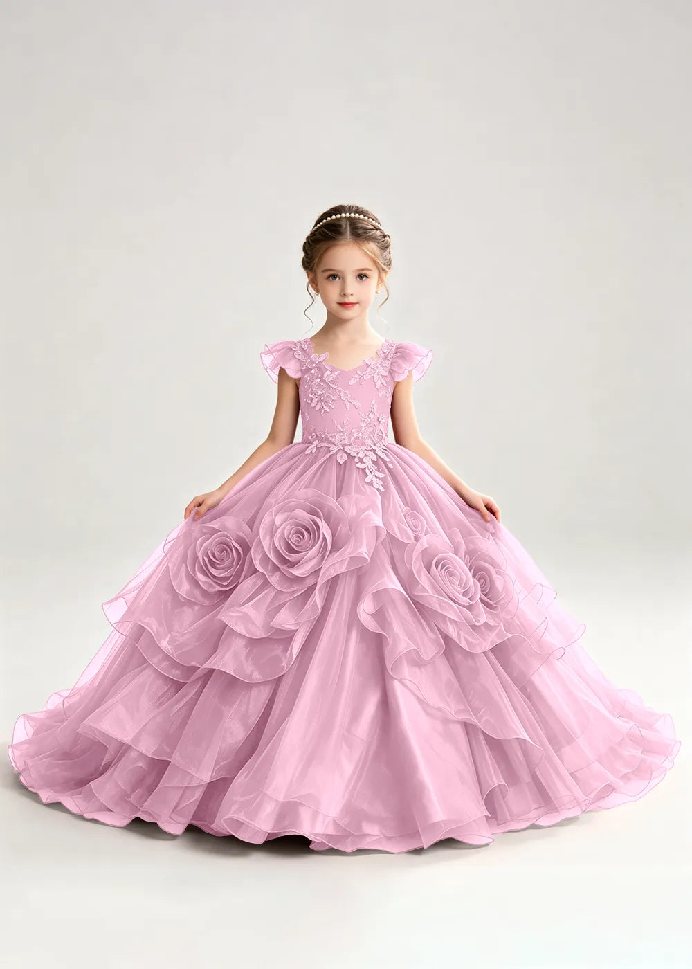 3D Rose Floral Pageant Ball Gown for Girls