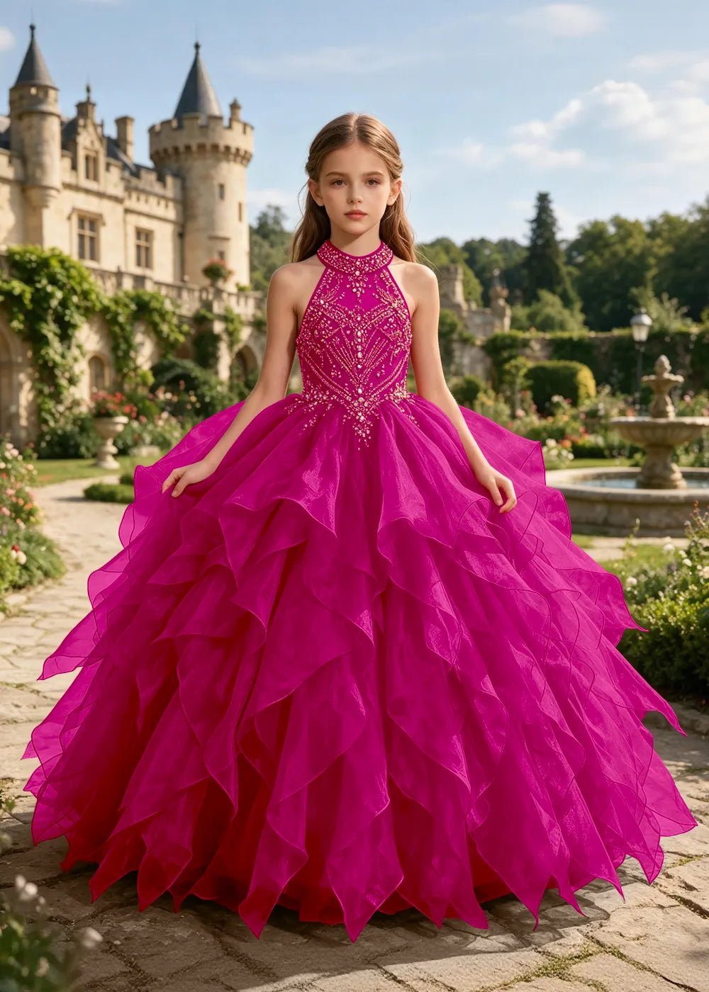 Embellished Halter Pageant Ball Gown for Girls