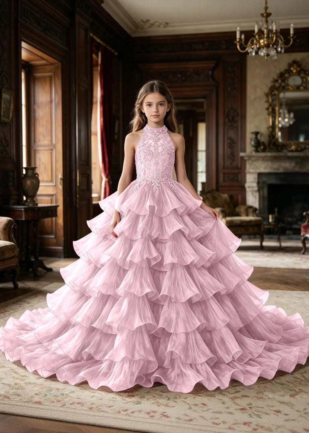 Halter Ruffle Tulle Pageant Ball Gown for Girls
