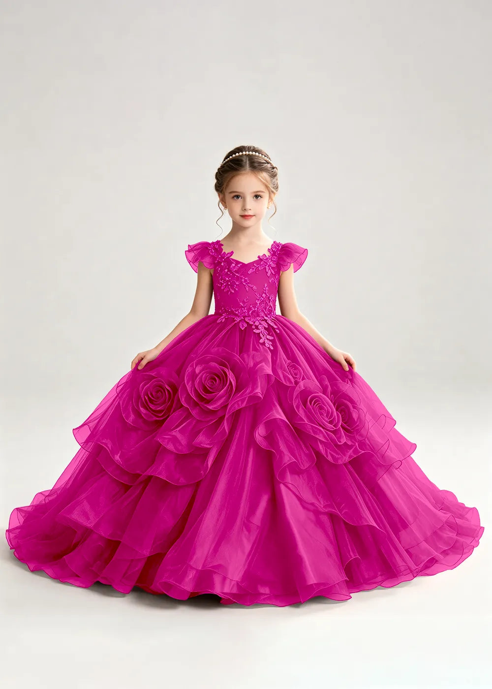3D Rose Floral Pageant Ball Gown for Girls
