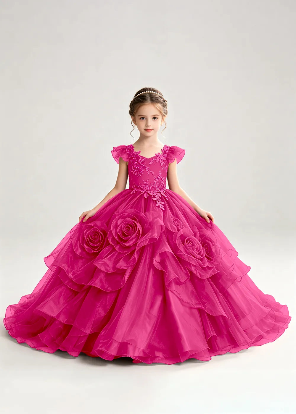 3D Rose Floral Pageant Ball Gown for Girls