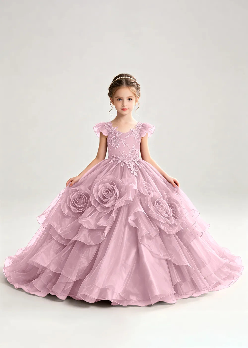 3D Rose Floral Pageant Ball Gown for Girls