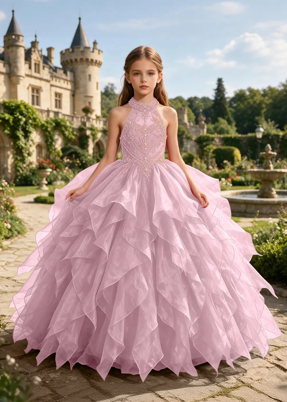 Embellished Halter Pageant Ball Gown for Girls