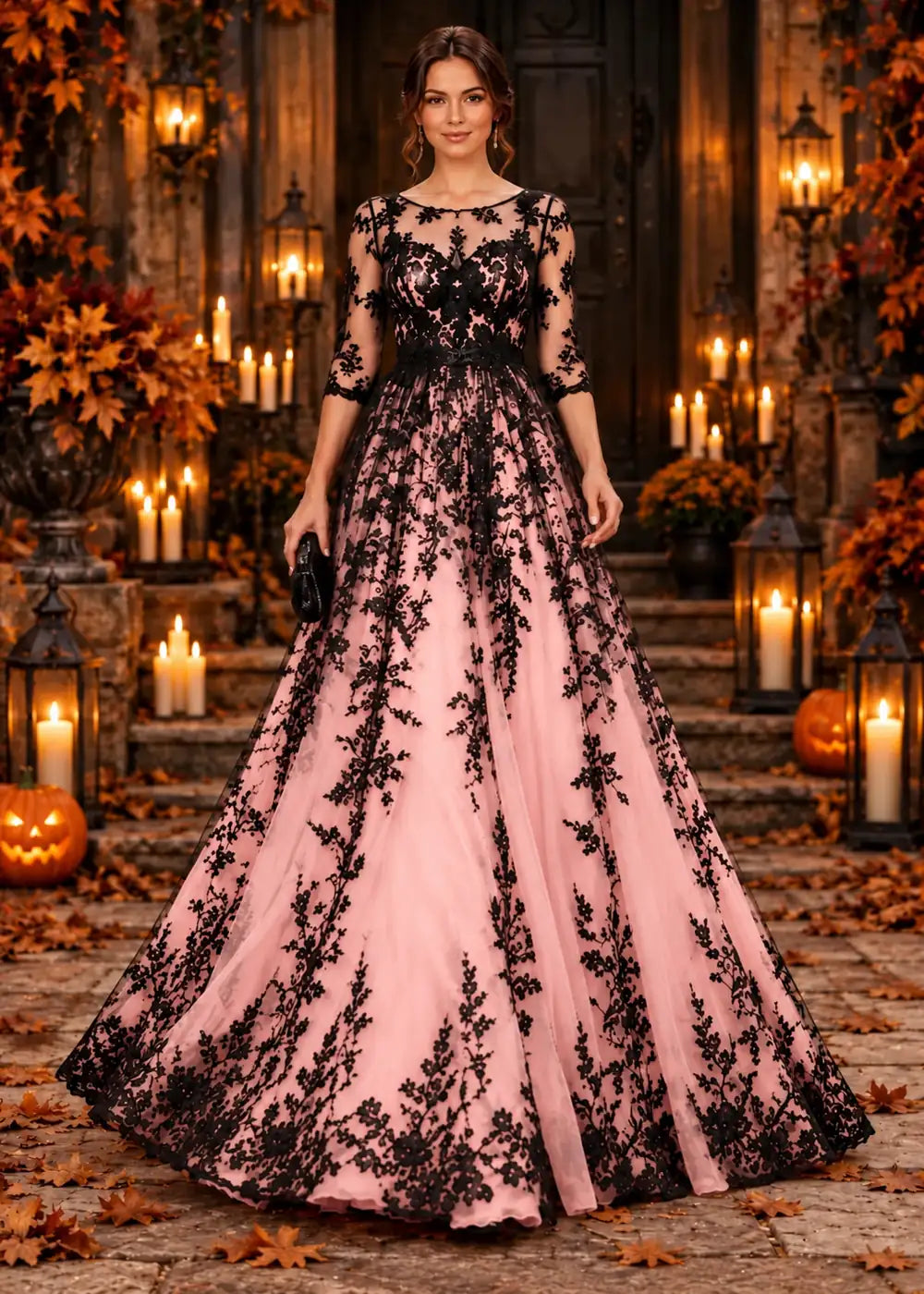 Front view of the blush pink evening gown with an allover black floral-lace overlay and a floor-length tulle skirt.
