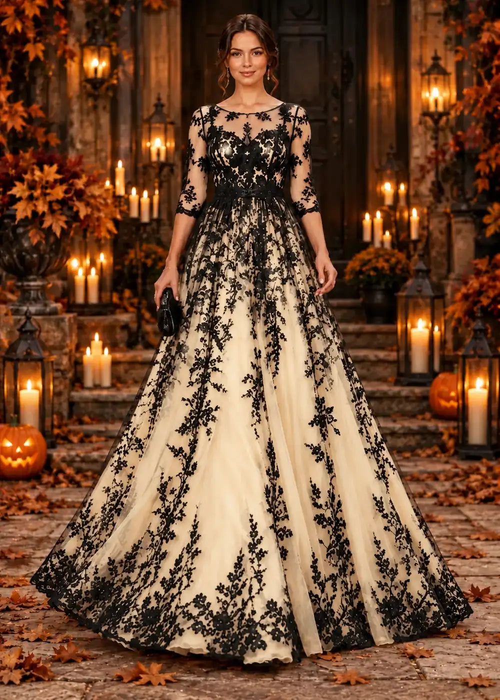 Front view of the champagne evening gown with an allover black floral-lace overlay and a floor-length tulle skirt.