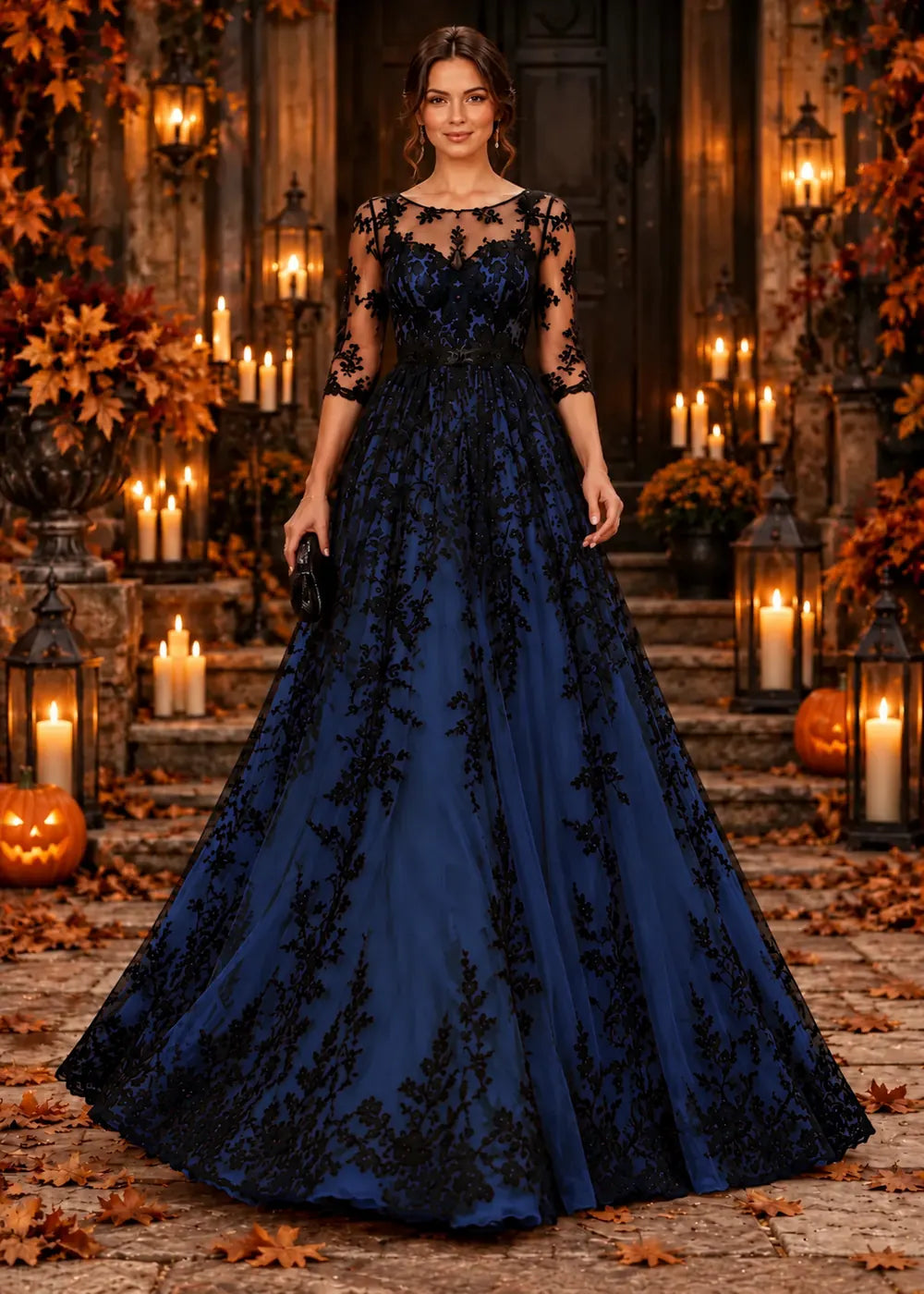 Front view of the midnight navy evening gown with an allover black floral-lace overlay and a floor-length tulle skirt.