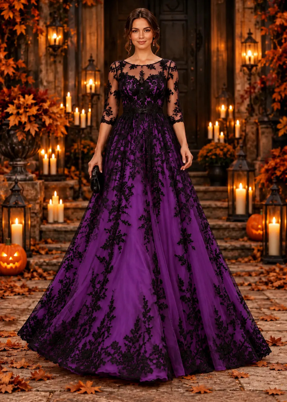 Front view of the purple evening gown with an allover black floral-lace overlay and a floor-length tulle skirt.