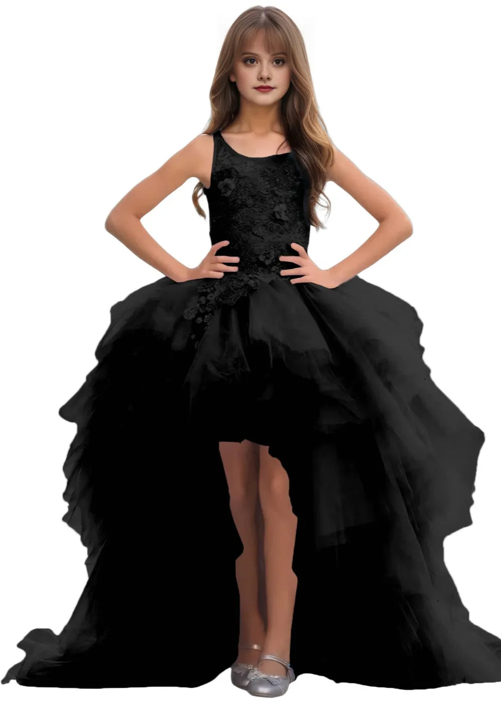 High-Low Layered Tulle Gown for Girls