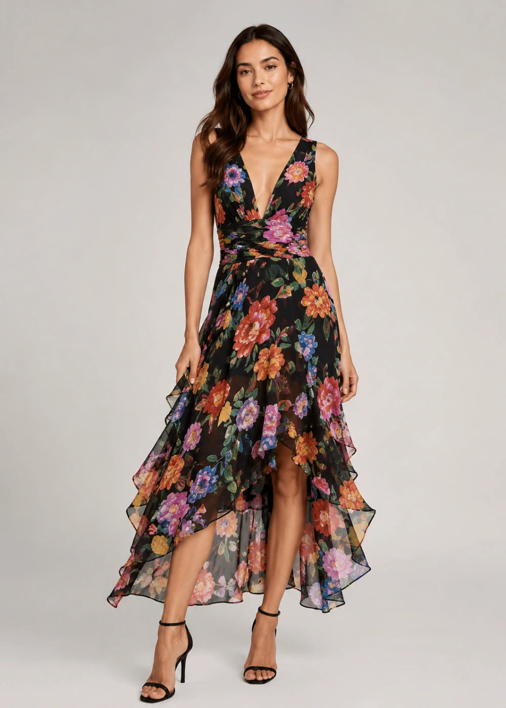 Black Multicolor Floral Deep-V High-Low Dress