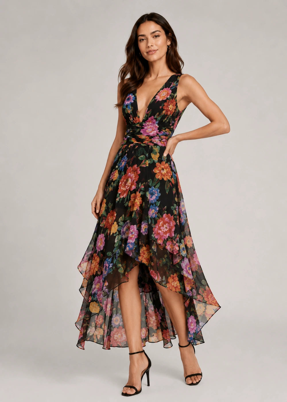 Black Multicolor Floral Deep-V High-Low Dress