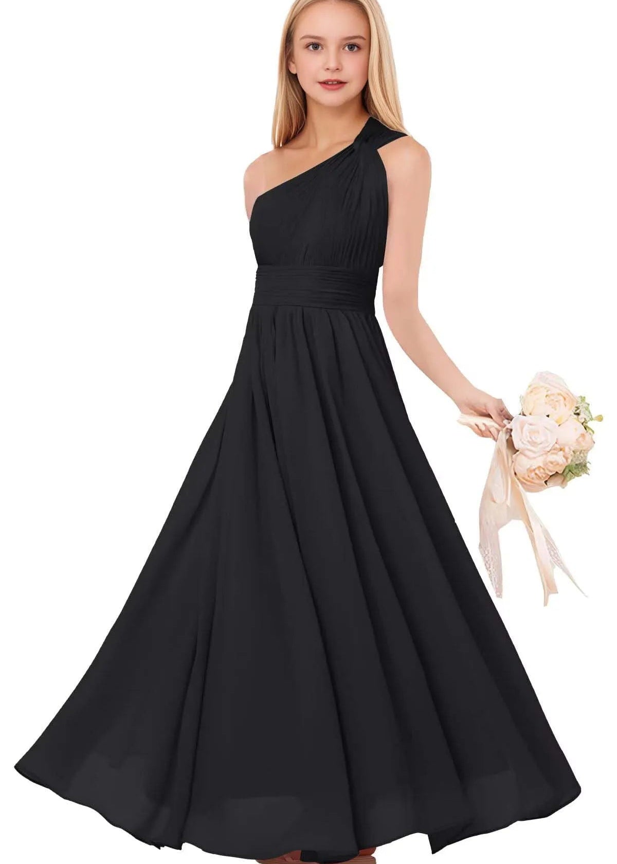 One-Shoulder Pleated Chiffon Gown
