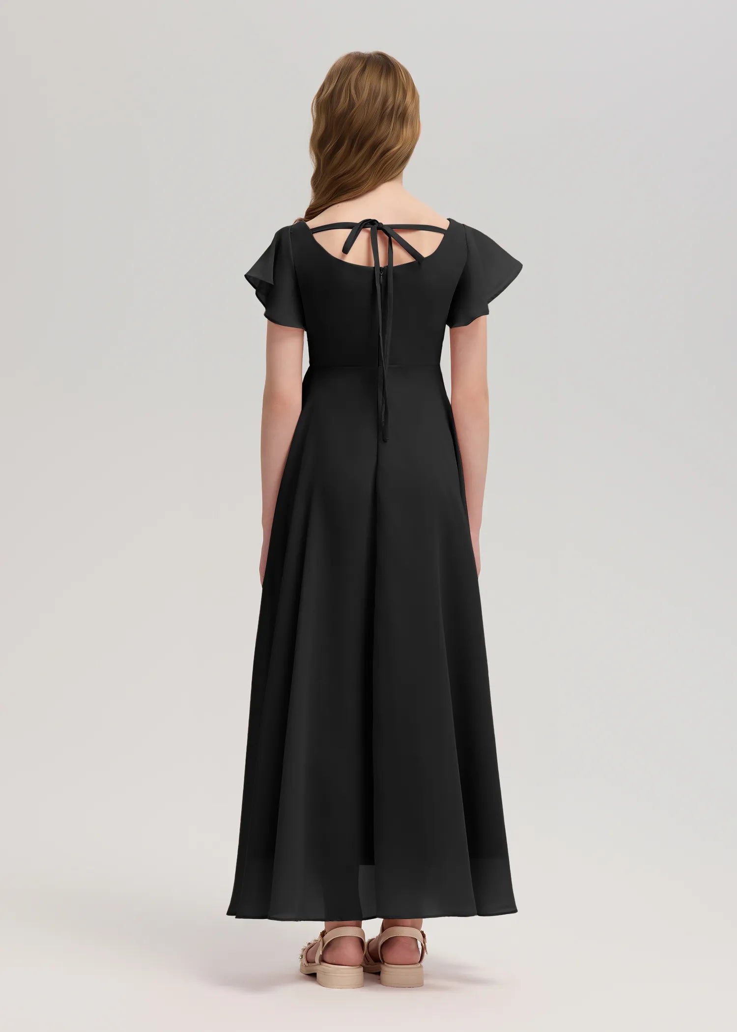 Square Neck Flutter Sleeve Chiffon Dress -[Black&White]