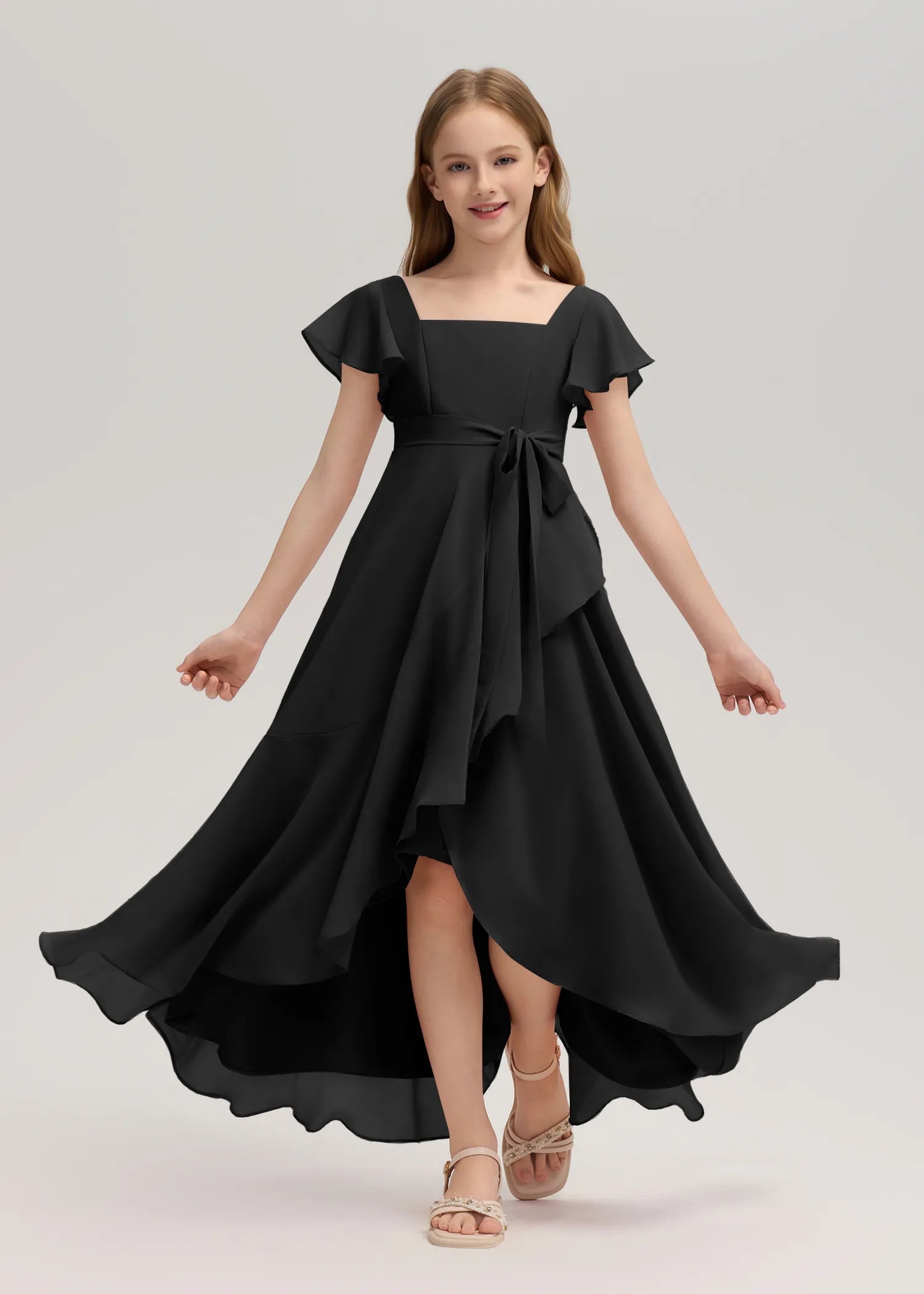 Square Neck Flutter Sleeve Chiffon Dress -[Black&White]