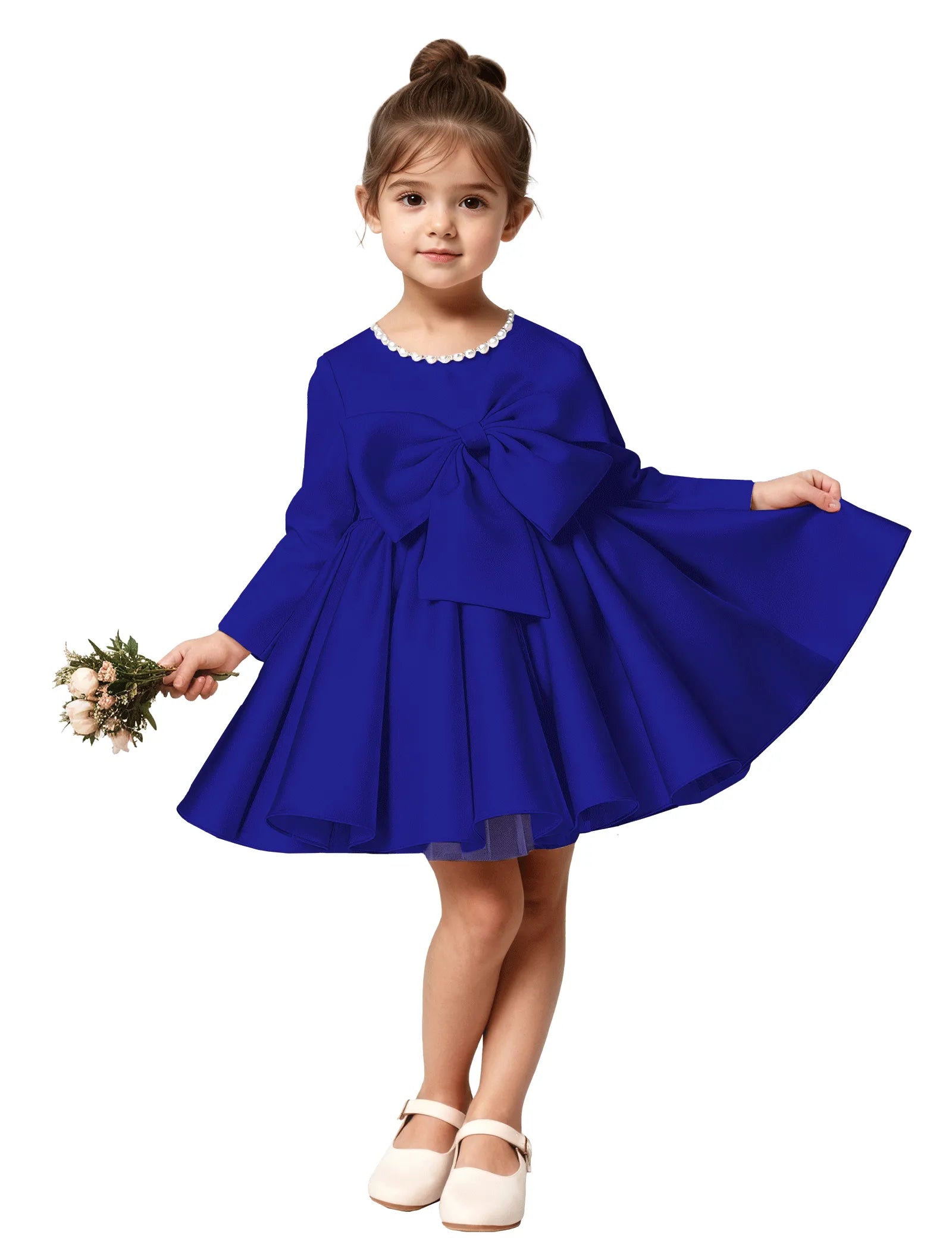 Girls Long Sleeve Satin Dress with Bow and Pearls
