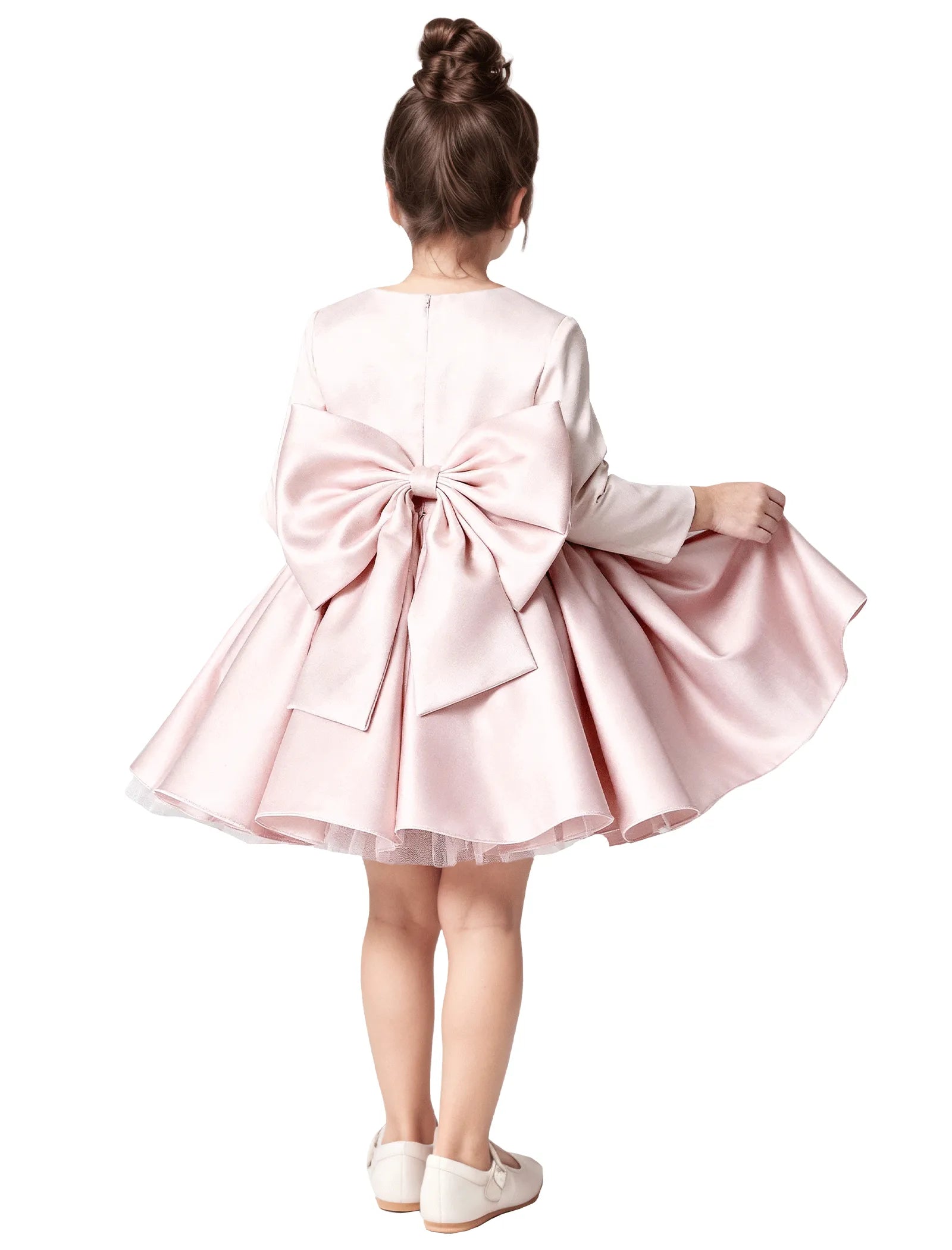 Girls Long Sleeve Satin Dress with Bow and Pearls