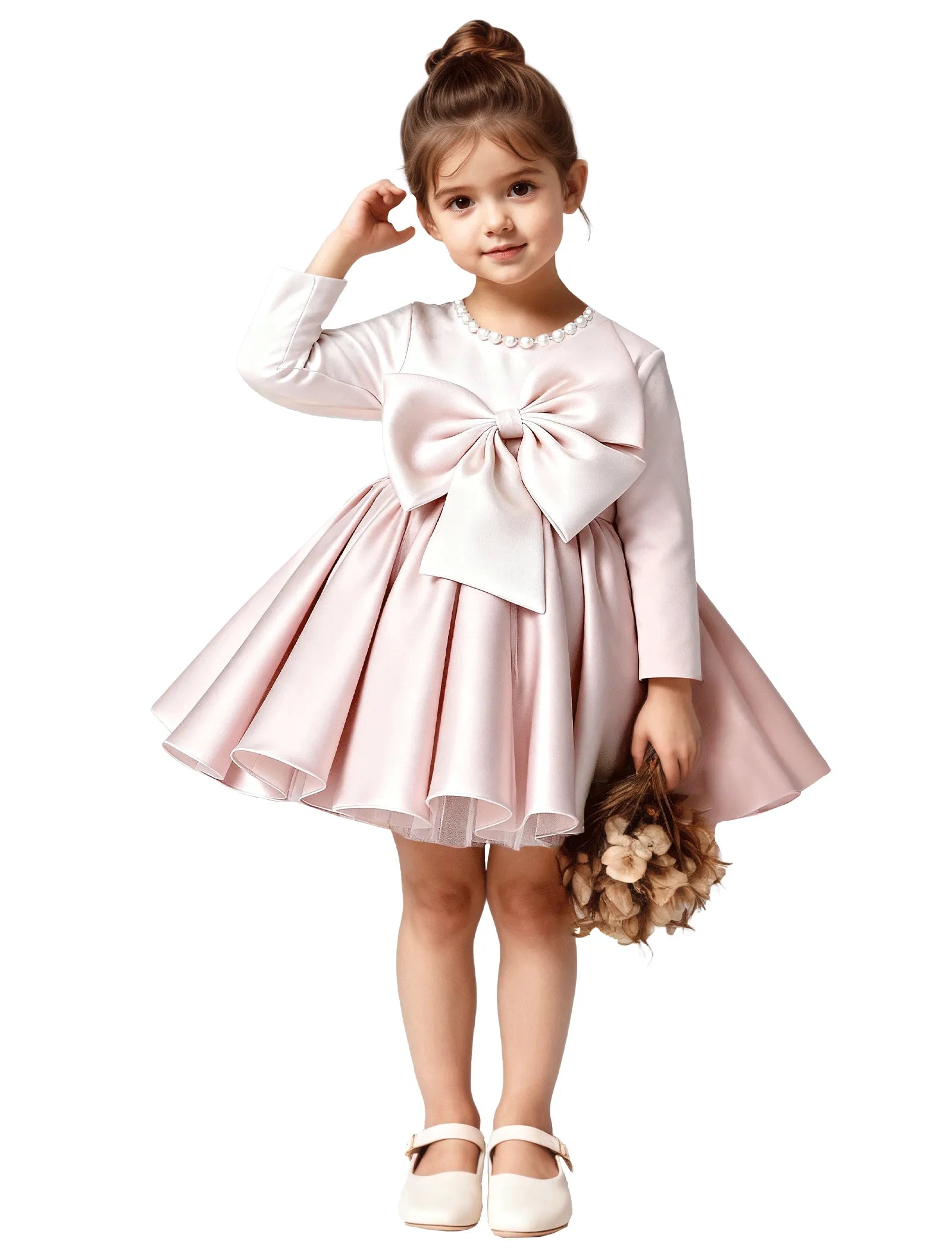 Girls Long Sleeve Satin Dress with Bow and Pearls