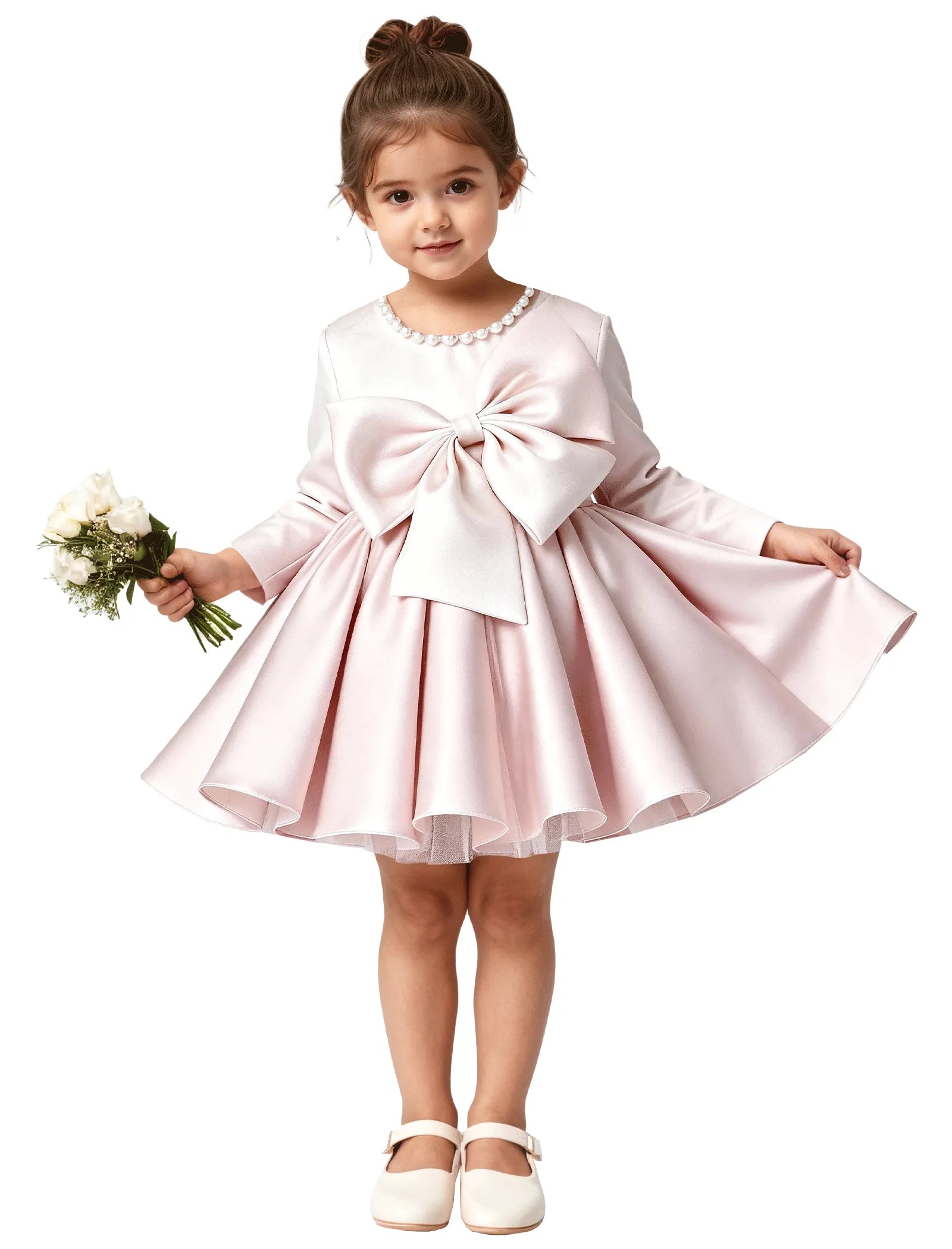 Girls Long Sleeve Satin Dress with Bow and Pearls