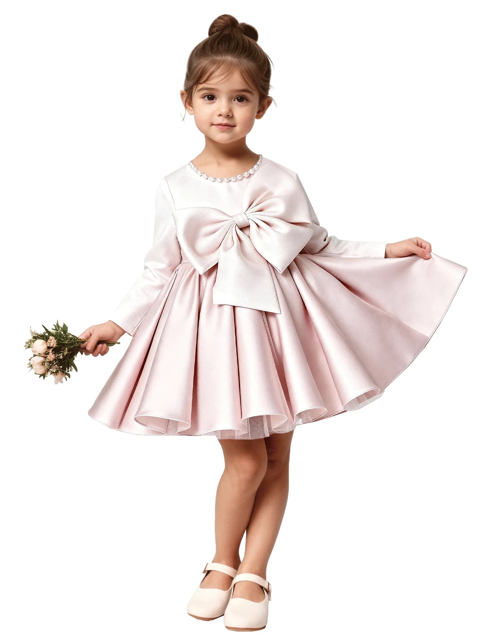 Girls Long Sleeve Satin Dress with Bow and Pearls