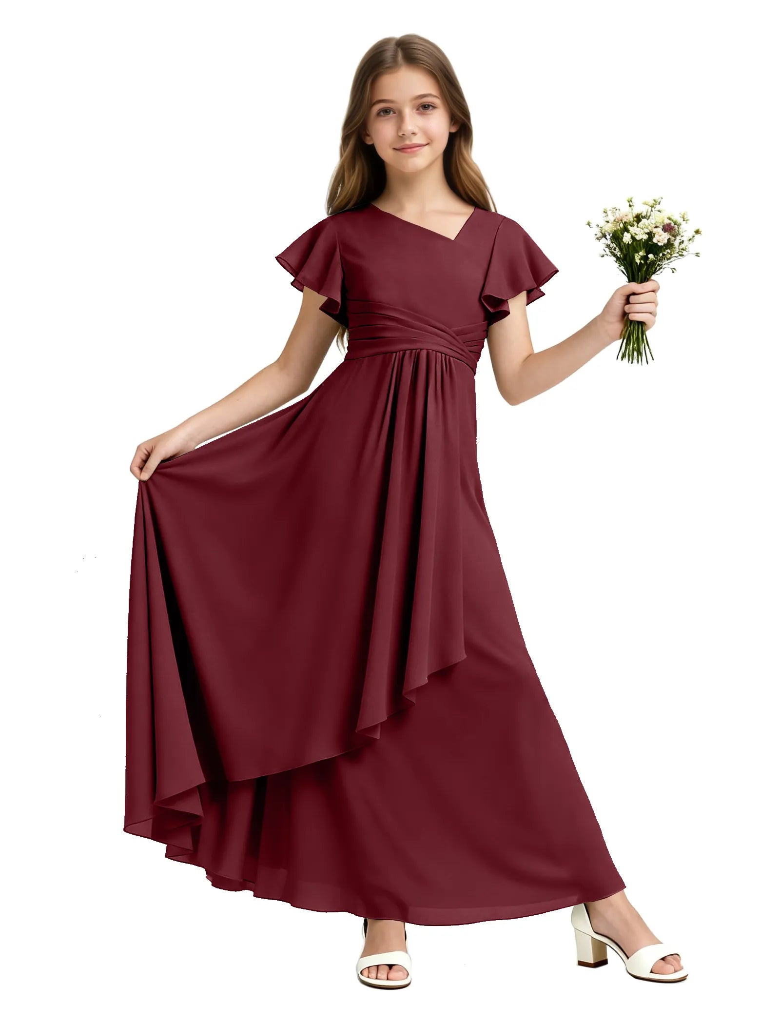Girls Flutter Sleeve Asymmetrical Maxi Dress