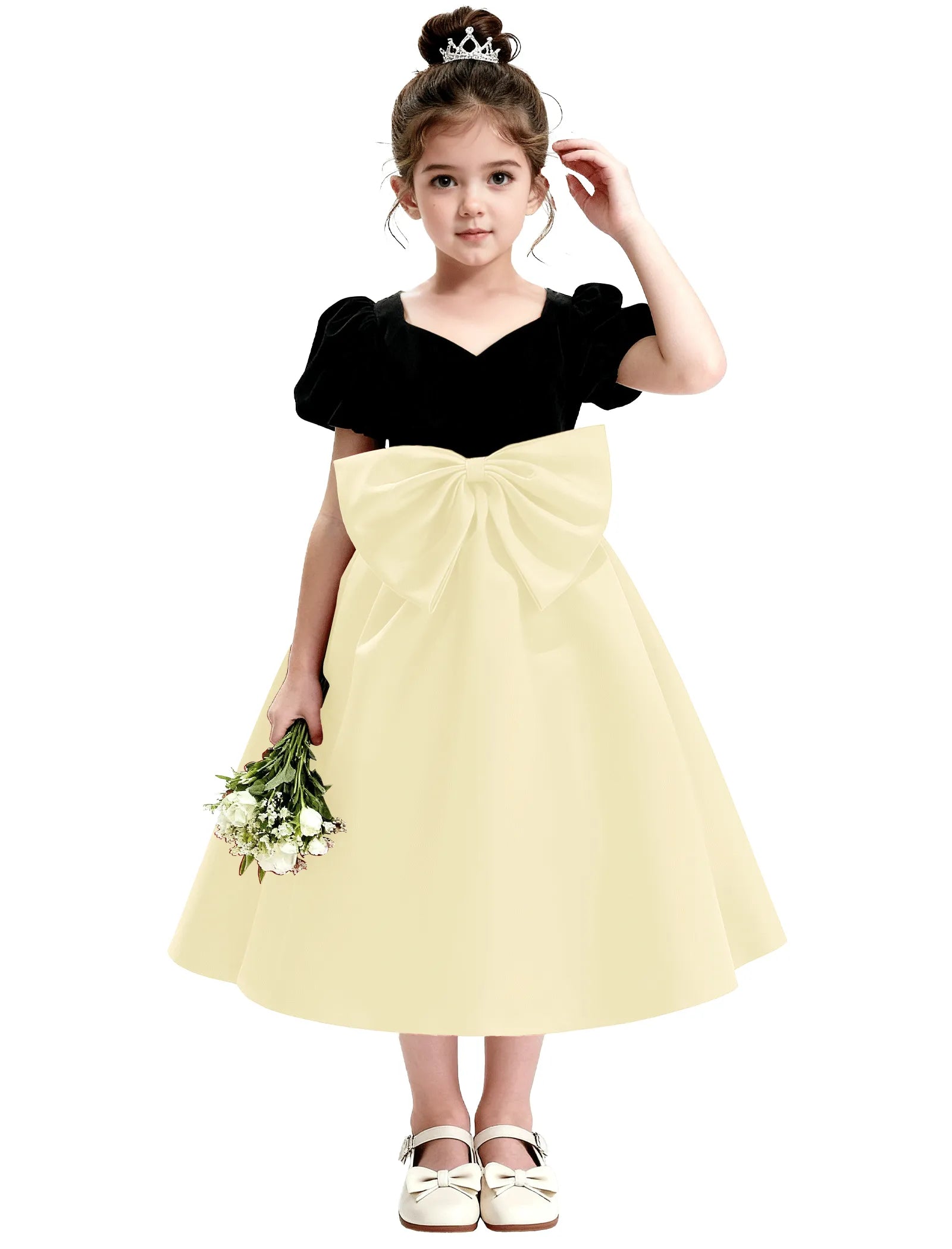 Girls Formal Dress with Puff Sleeves and Sash