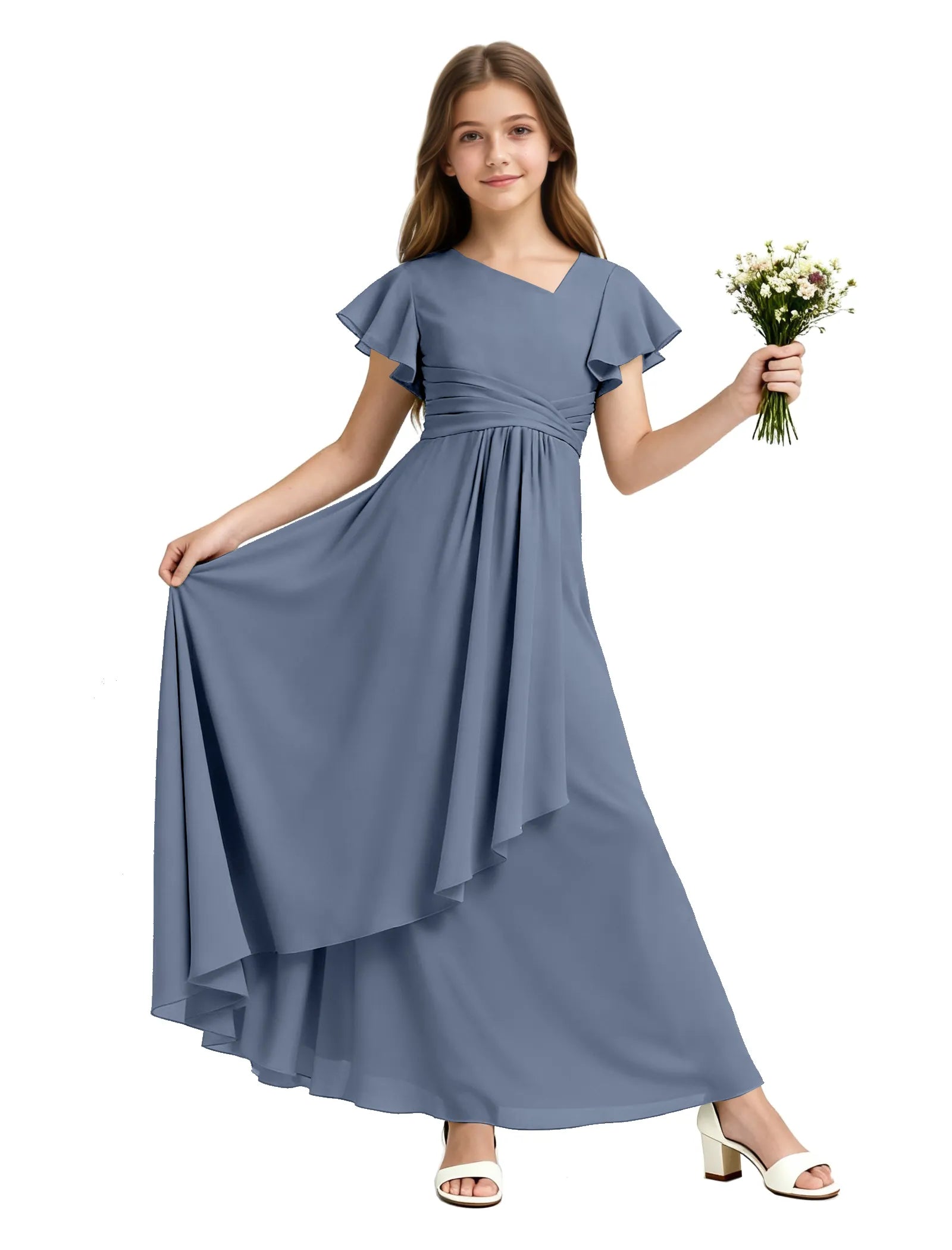 Girls Flutter Sleeve Asymmetrical Maxi Dress