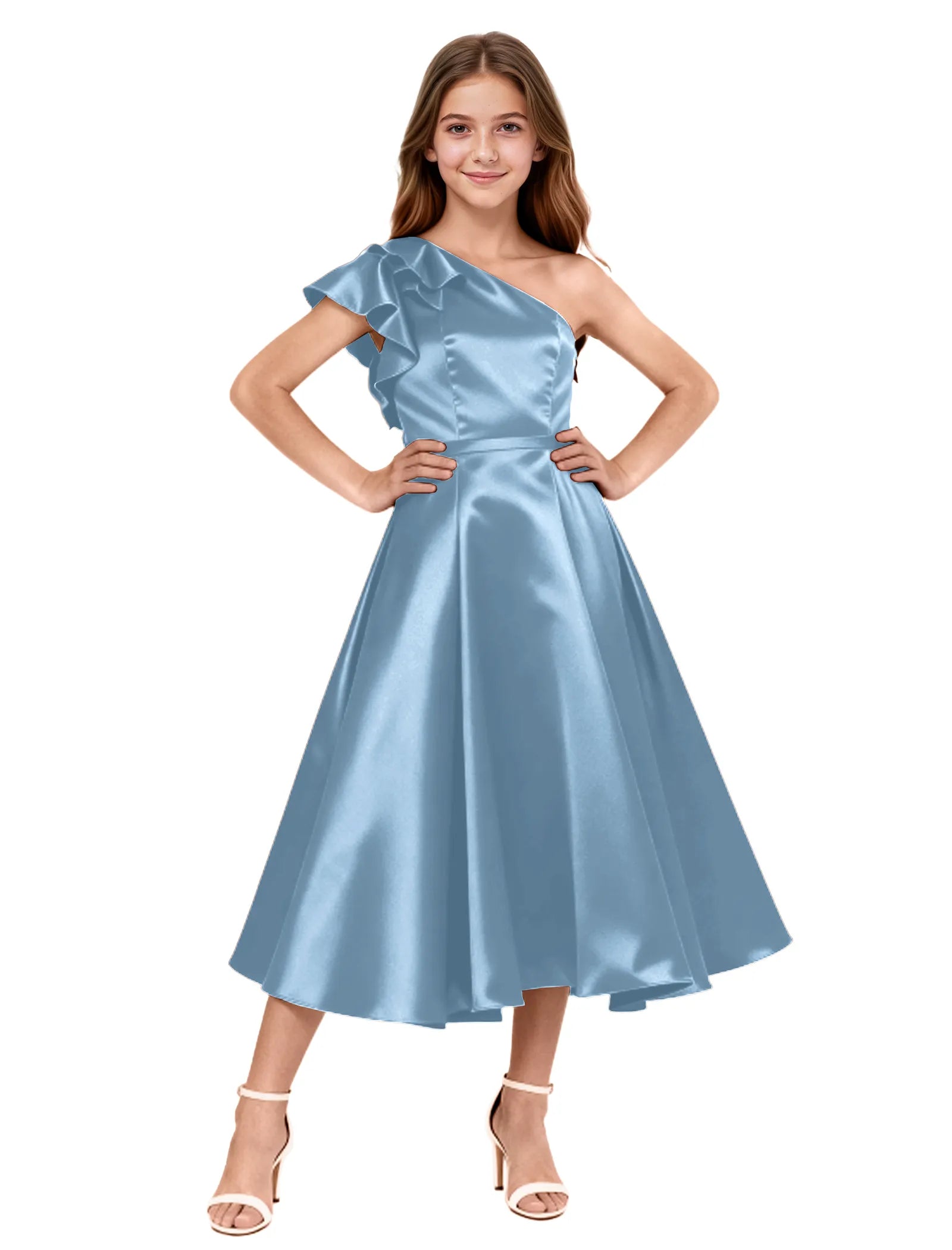 One Shoulder Satin Midi Dress for Girls Special Occasions