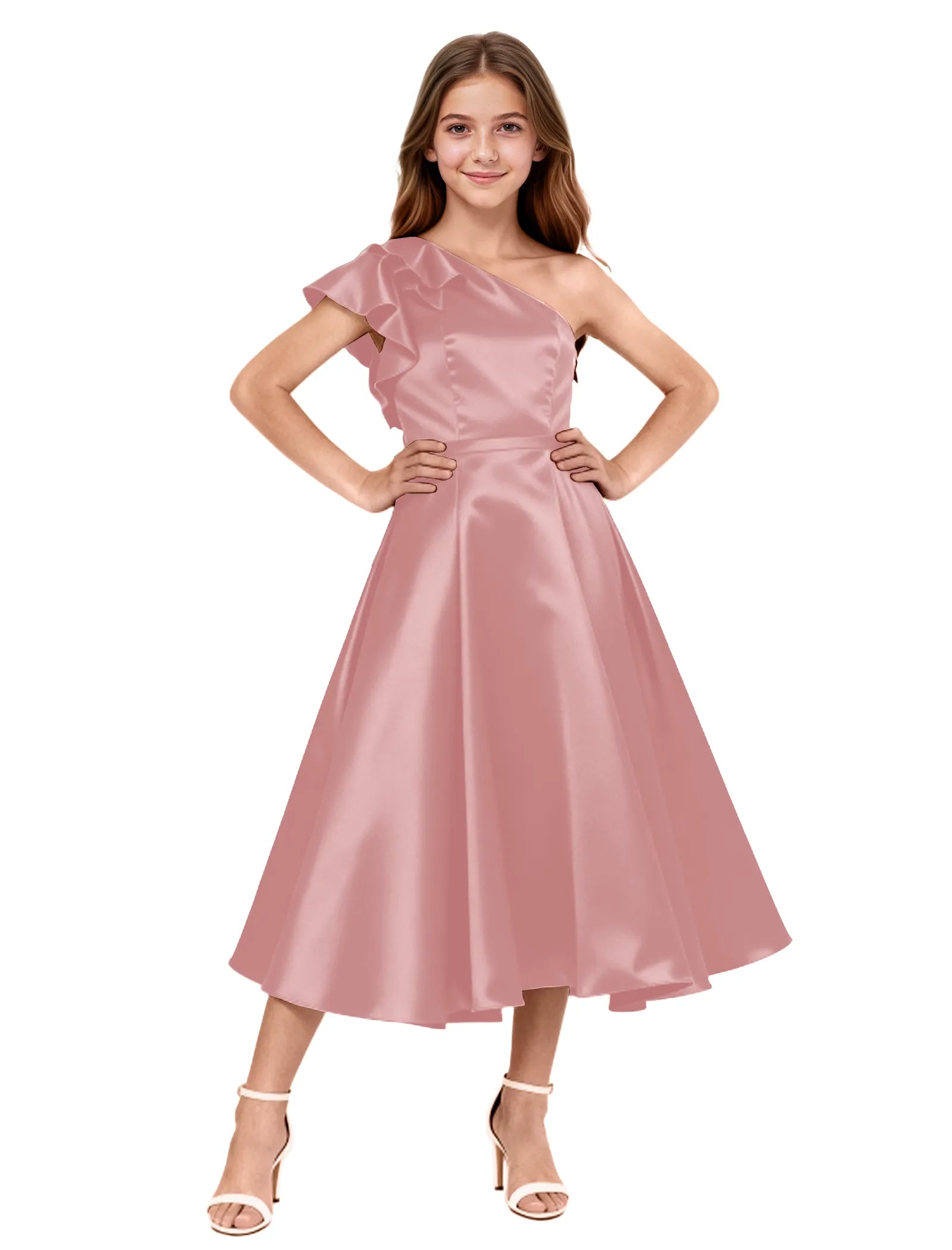 One Shoulder Satin Midi Dress for Girls Special Occasions