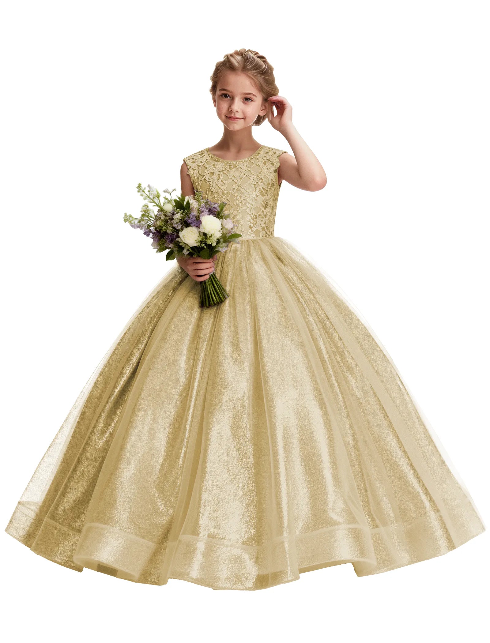 Lace and Tulle Flower Girl Dress With Shiny Skirt