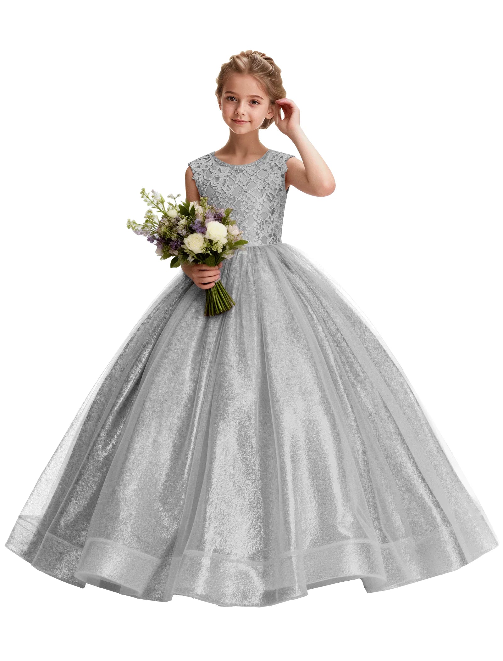 Lace and Tulle Flower Girl Dress With Shiny Skirt