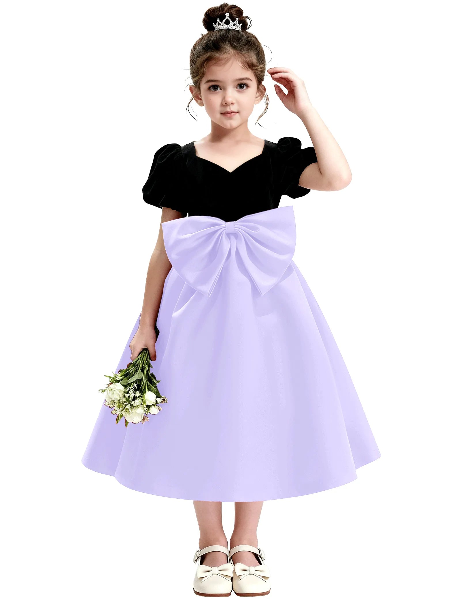 Girls Formal Dress with Puff Sleeves and Sash