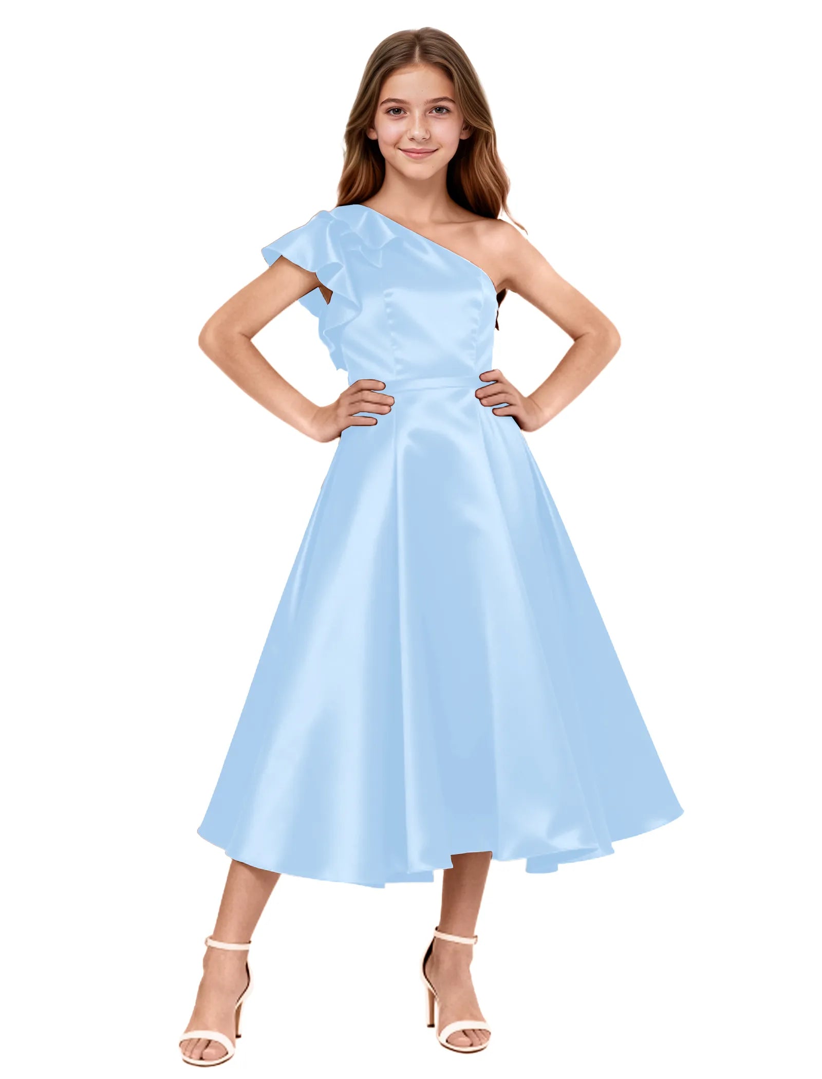 One Shoulder Satin Midi Dress for Girls Special Occasions
