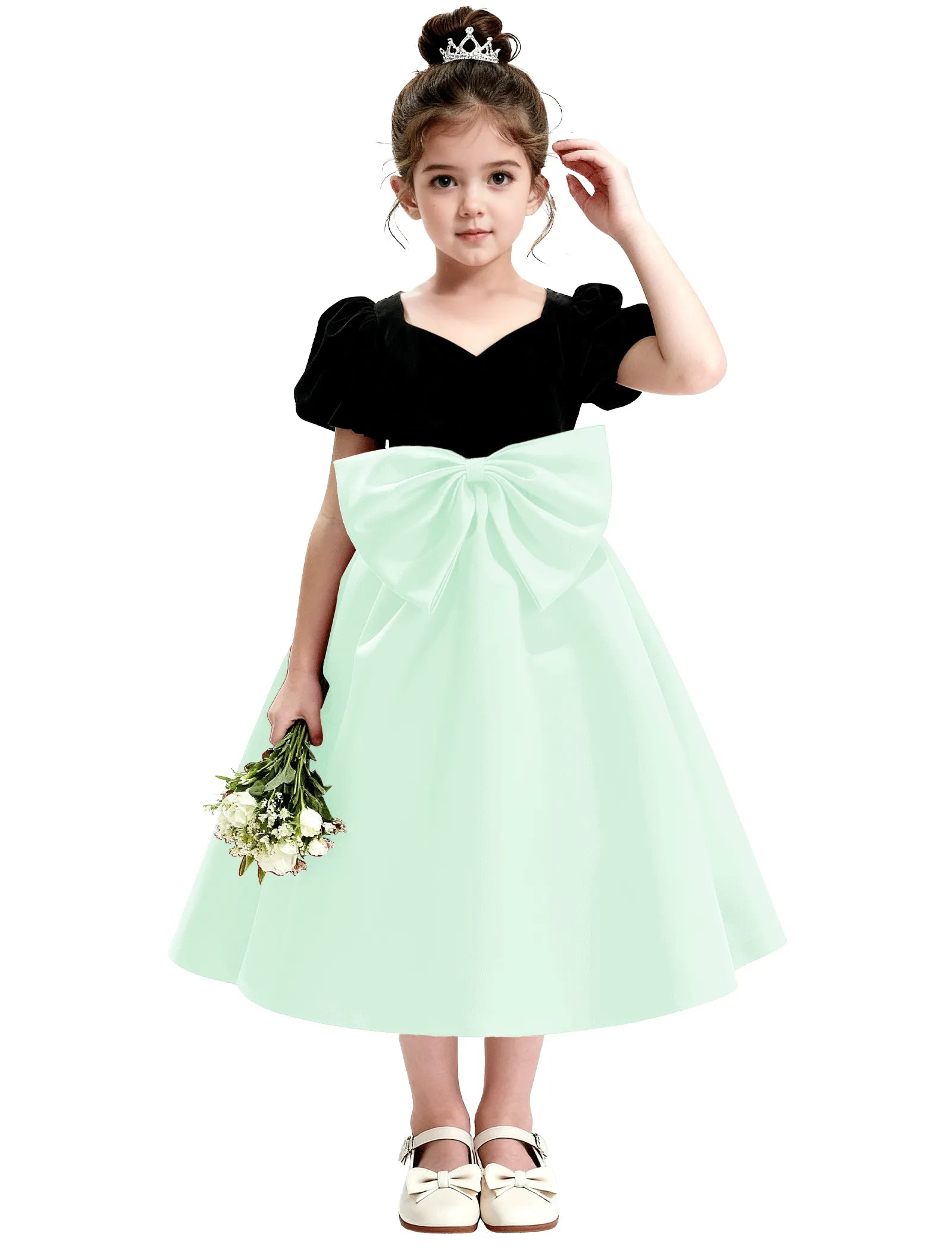 Girls Formal Dress with Puff Sleeves and Sash