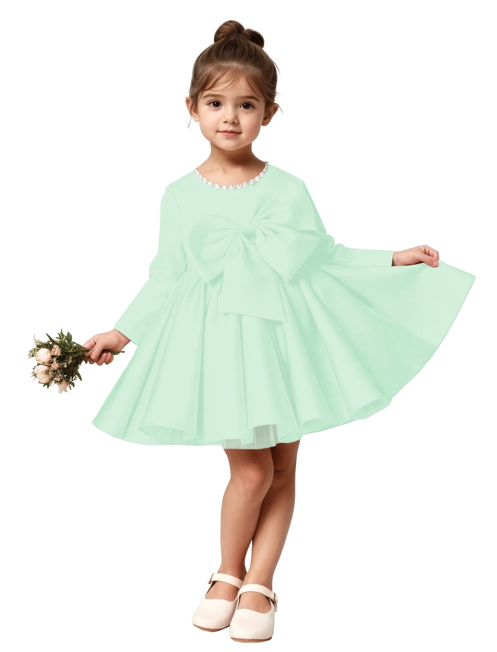 Girls Long Sleeve Satin Dress with Bow and Pearls