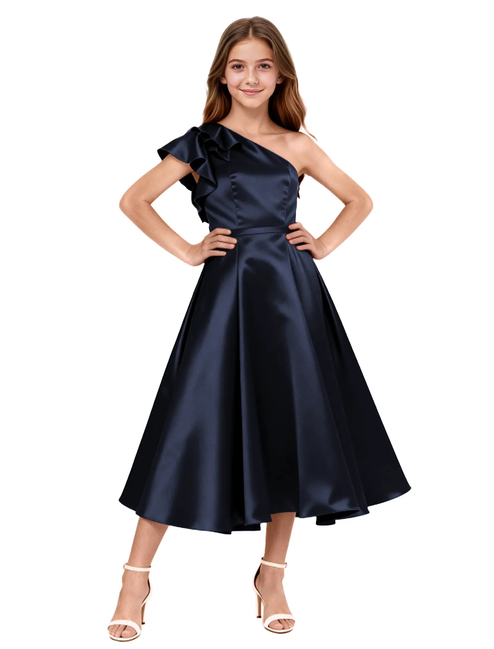One Shoulder Satin Midi Dress for Girls Special Occasions