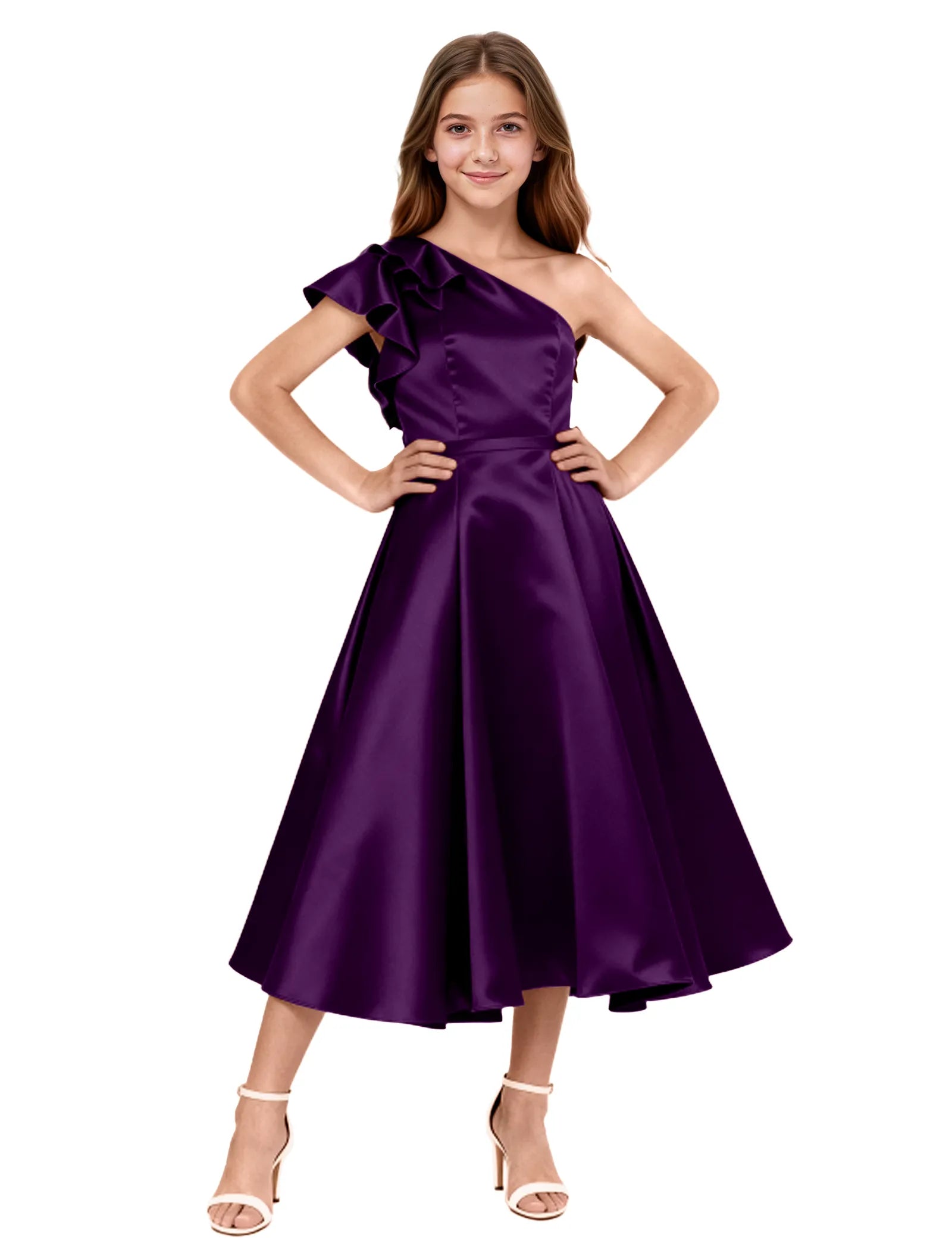One Shoulder Satin Midi Dress for Girls Special Occasions