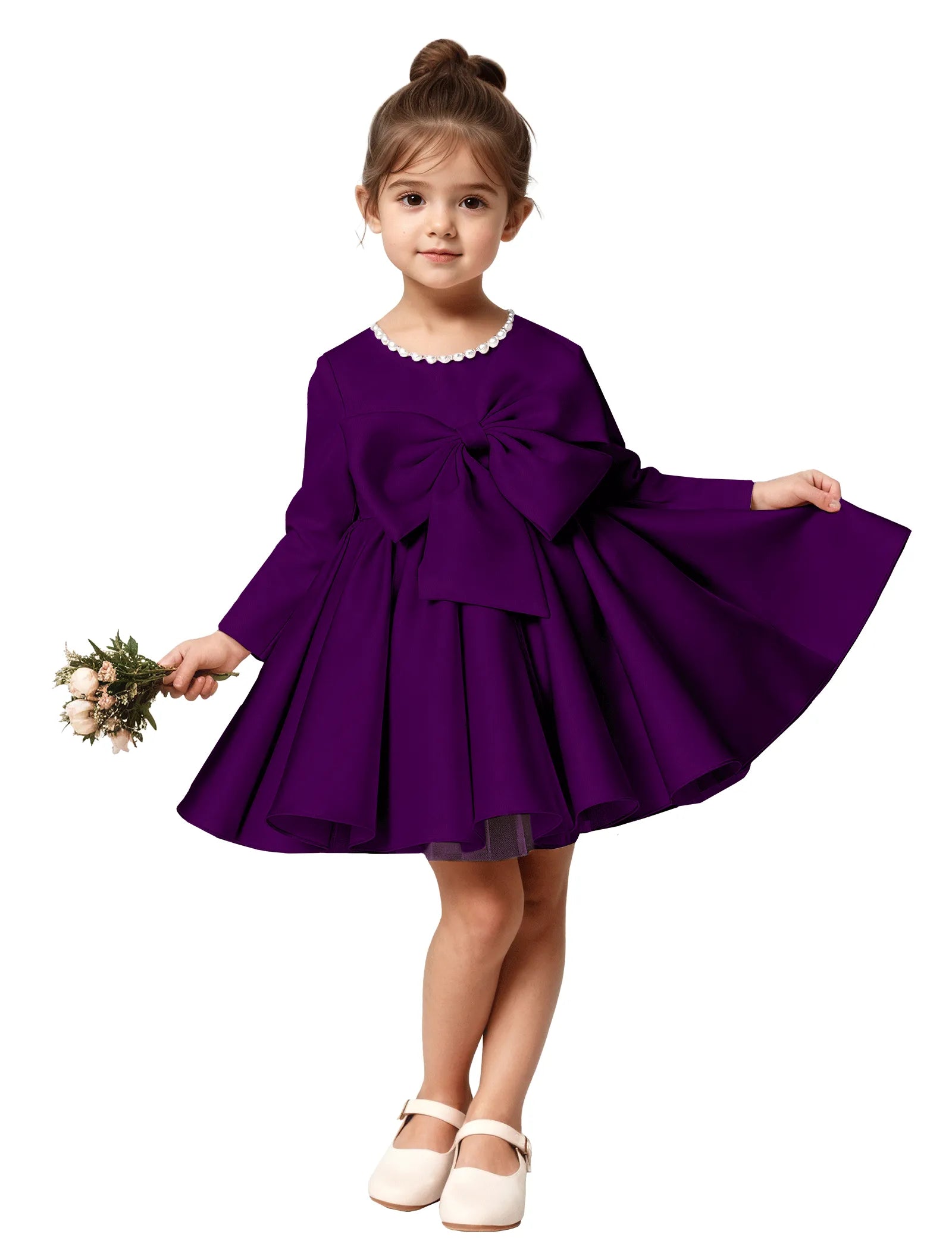 Girls Long Sleeve Satin Dress with Bow and Pearls