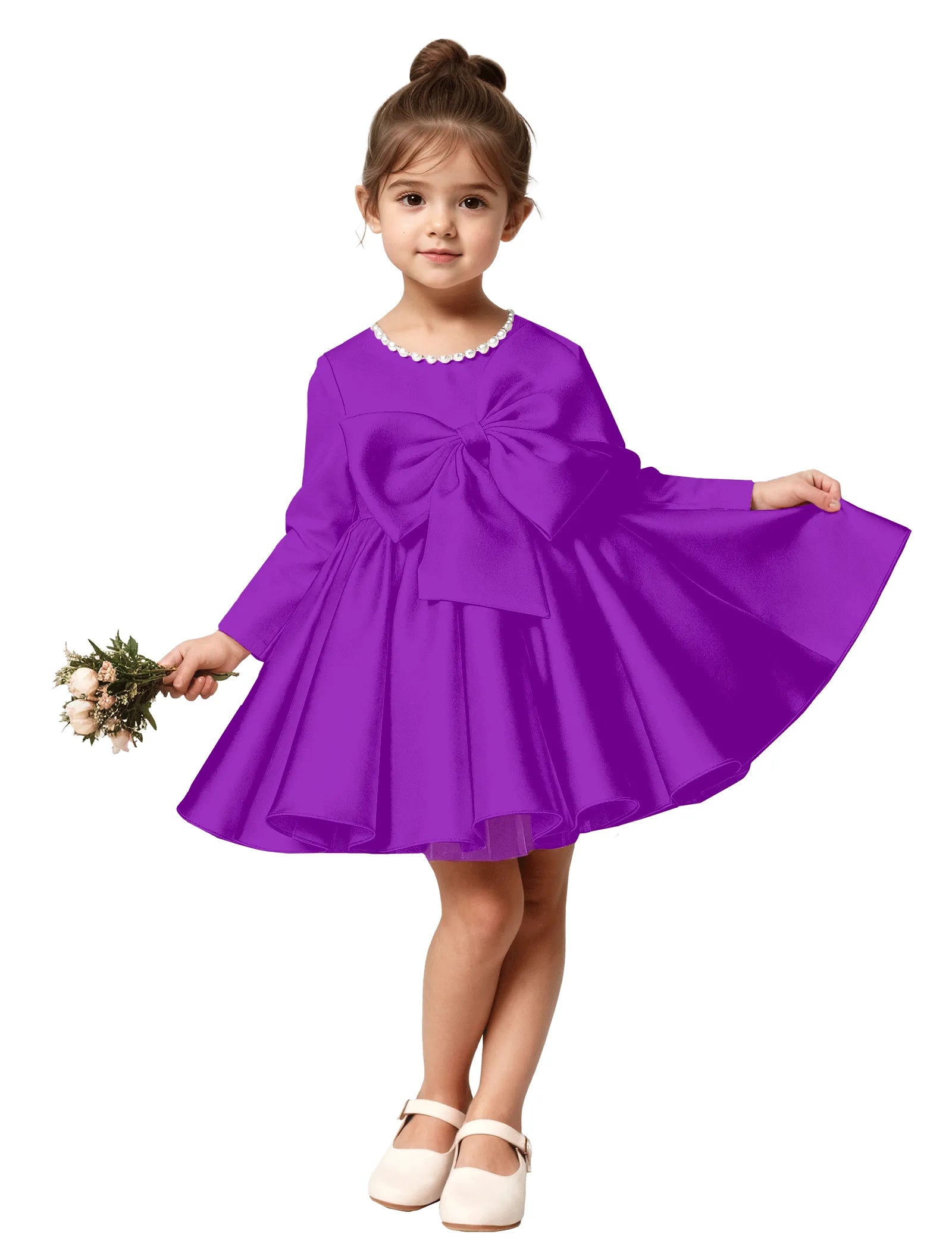 Girls Long Sleeve Satin Dress with Bow and Pearls