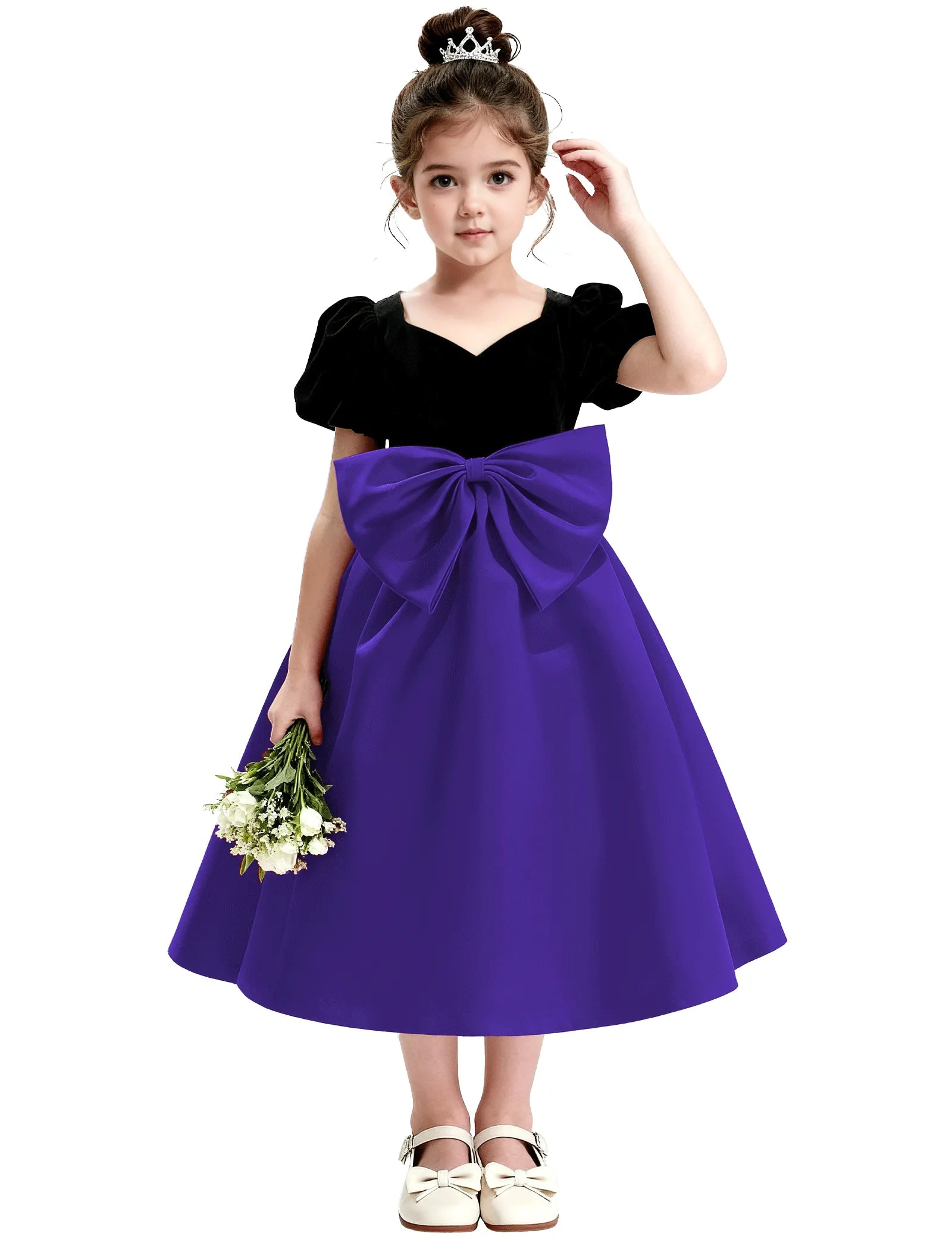 Girls Formal Dress with Puff Sleeves and Sash