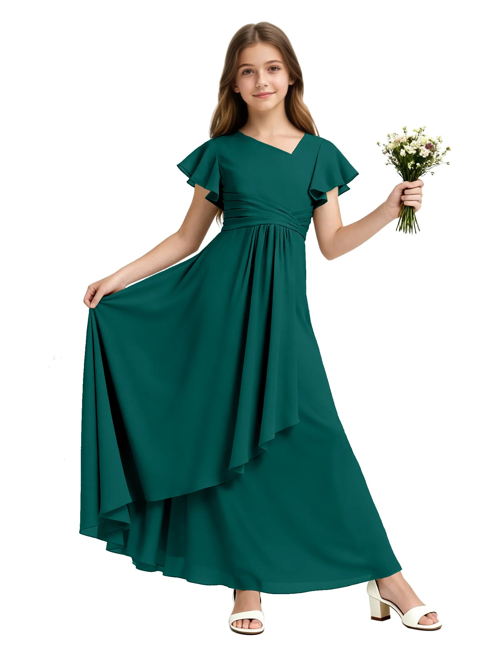 Girls Flutter Sleeve Asymmetrical Maxi Dress