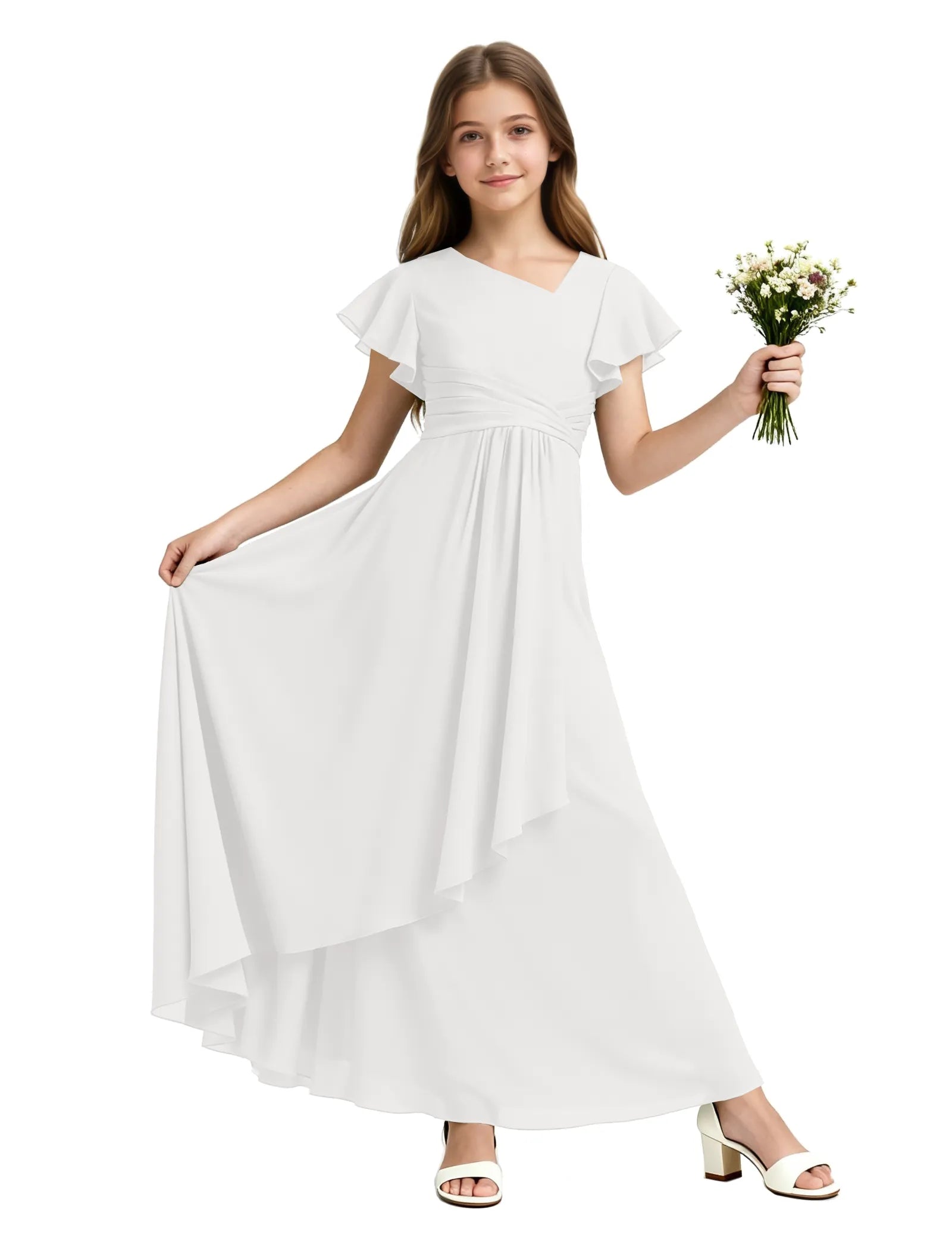 Girls Flutter Sleeve Asymmetrical Maxi Dress